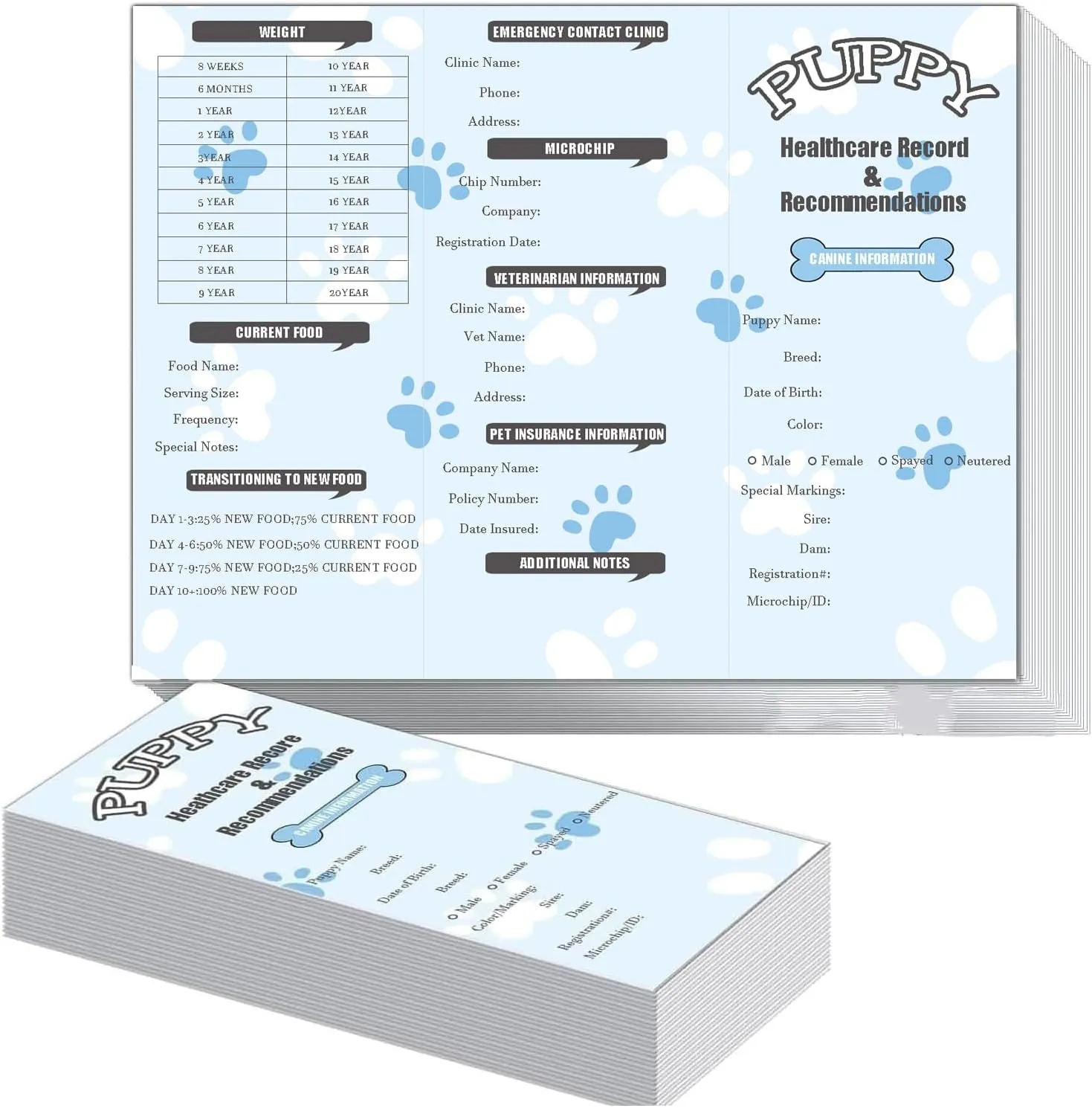 100 Pcs Puppy Vaccination Record Cards Dog Vaccines Large Records Canine Health Record Books 8.3 x 11 Inch Puppy Shot Record Booklets Canine Health Record for Pet Supplies Home
