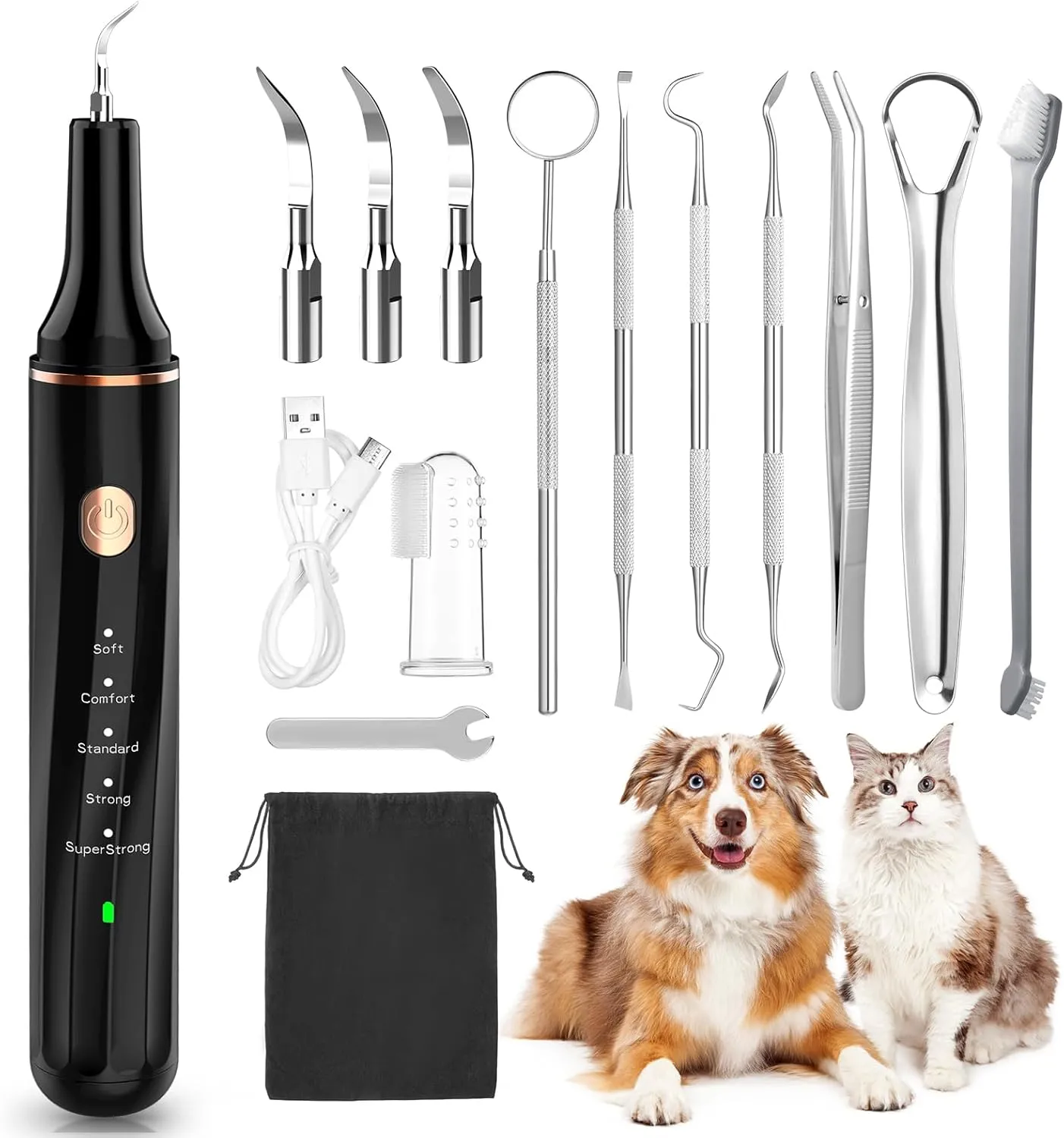 12-in-1 Dog Tooth Brushing Kit - Ultrasonic Tartar Plaque Remover Tool for Teeth with LED Light, Dog Sonic Tooth Cleaner with Dental Tools Scaler Scraper for Dog Teeth Cleaning, USB Charge