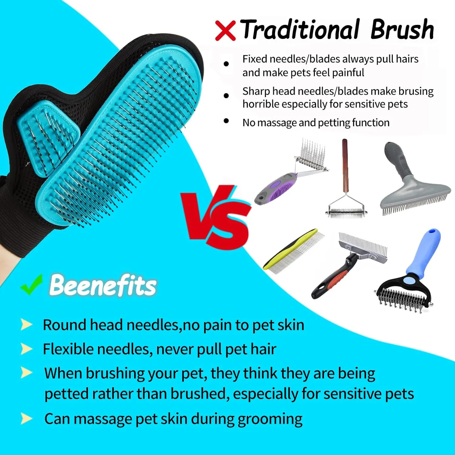 2024 Pet Grooming Glove with Tipped Pin Brush,Special Design Deshedding Glove, Massage Mitt, Perfect Petting Tool for Sensitive Dogs & Cats with Long & Medium Fur - Right-Hand - Blue