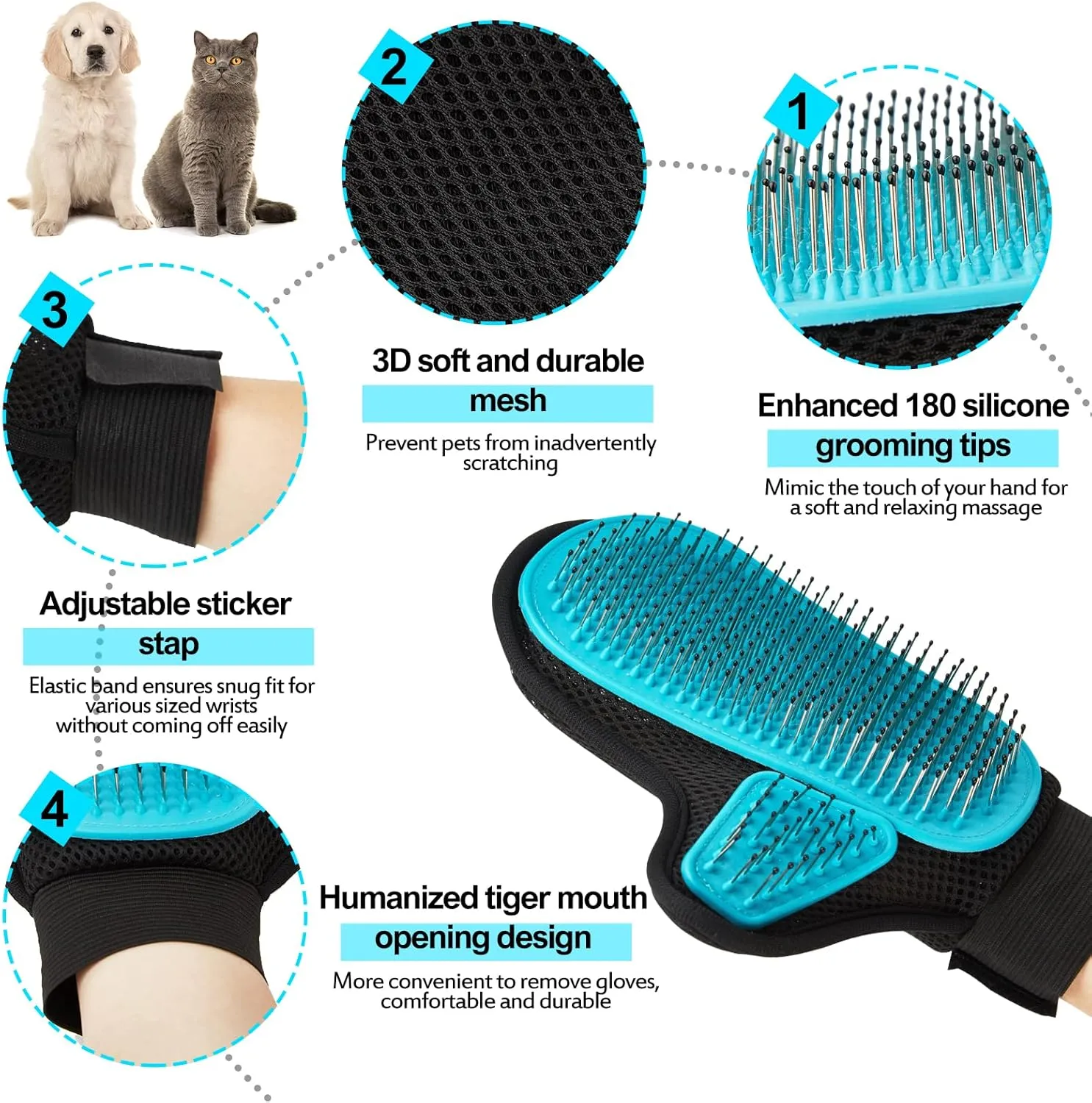 2024 Pet Grooming Glove with Tipped Pin Brush,Special Design Deshedding Glove, Massage Mitt, Perfect Petting Tool for Sensitive Dogs & Cats with Long & Medium Fur - Right-Hand - Blue