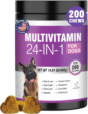 24-in-1 Dog Vitamins and Supplements, Senior & Puppy Multivitamin for Dogs Contain Glucosamine Chondroitin Probiotics Omega-3 Dog Vitamin Chewable for Coat Heart Joints Digestion Immune Support