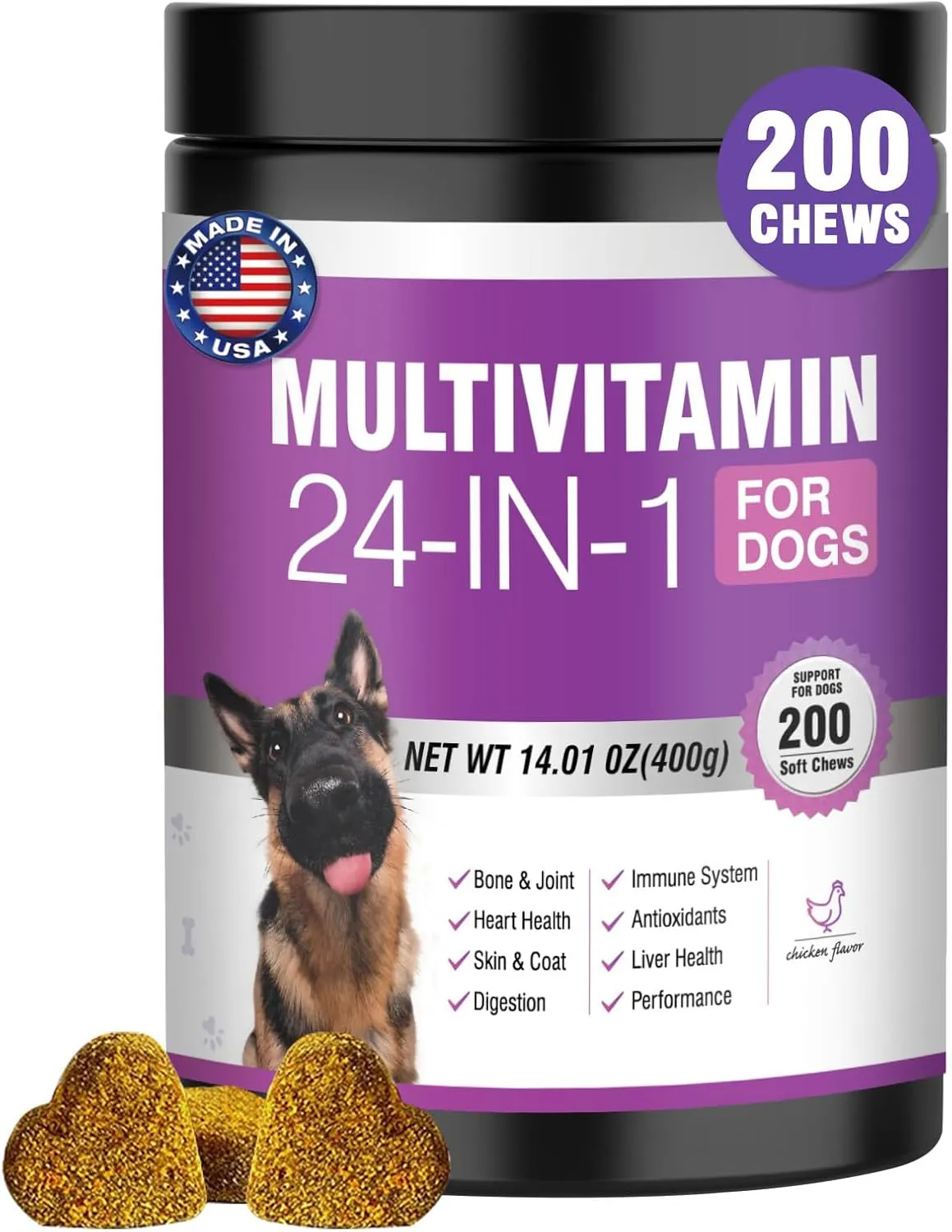 24-in-1 Dog Vitamins and Supplements, Senior & Puppy Multivitamin for Dogs Contain Glucosamine Chondroitin Probiotics Omega-3 Dog Vitamin Chewable for Coat Heart Joints Digestion Immune Support