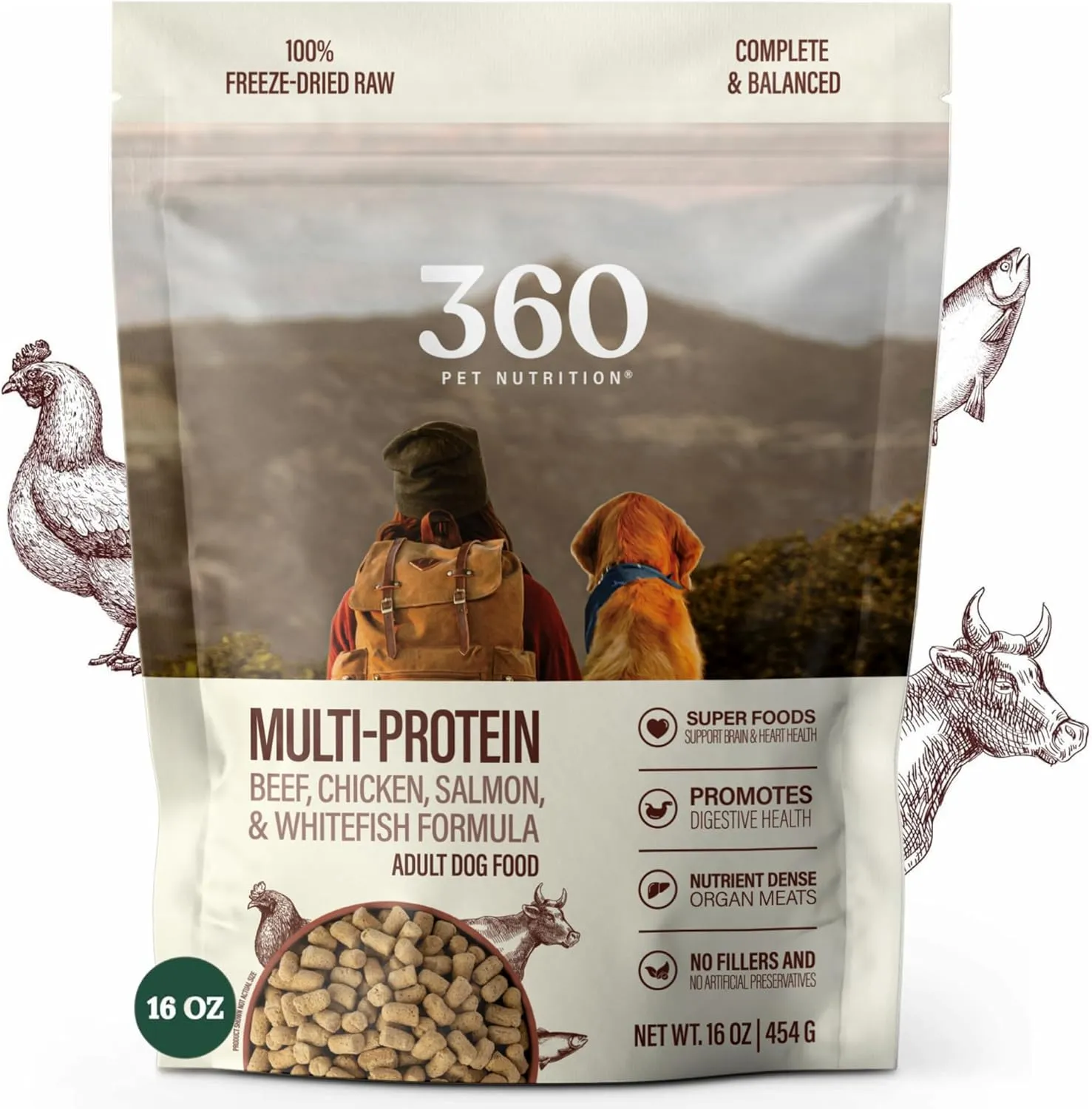 360 Pet Nutrition Freeze-Dried Raw Dog Food, High-Protein Complete Meal w/Beef, Chicken, Fish, Organs, Superfoods, No Fillers, 16 oz Bites/Kibble (Multi-Protein)  Made in USA