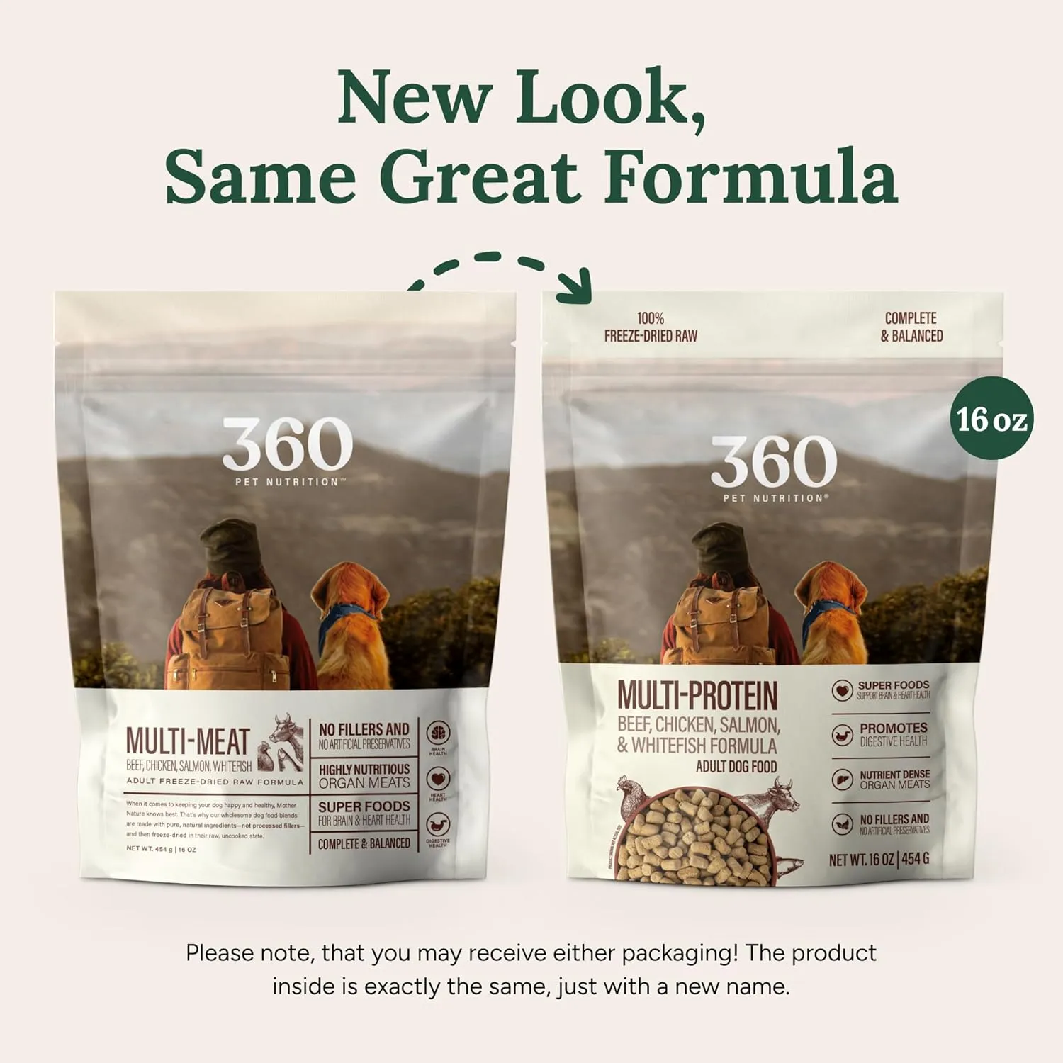 360 Pet Nutrition Freeze-Dried Raw Dog Food, High-Protein Complete Meal w/Beef, Chicken, Fish, Organs, Superfoods, No Fillers, 16 oz Bites/Kibble (Multi-Protein)  Made in USA
