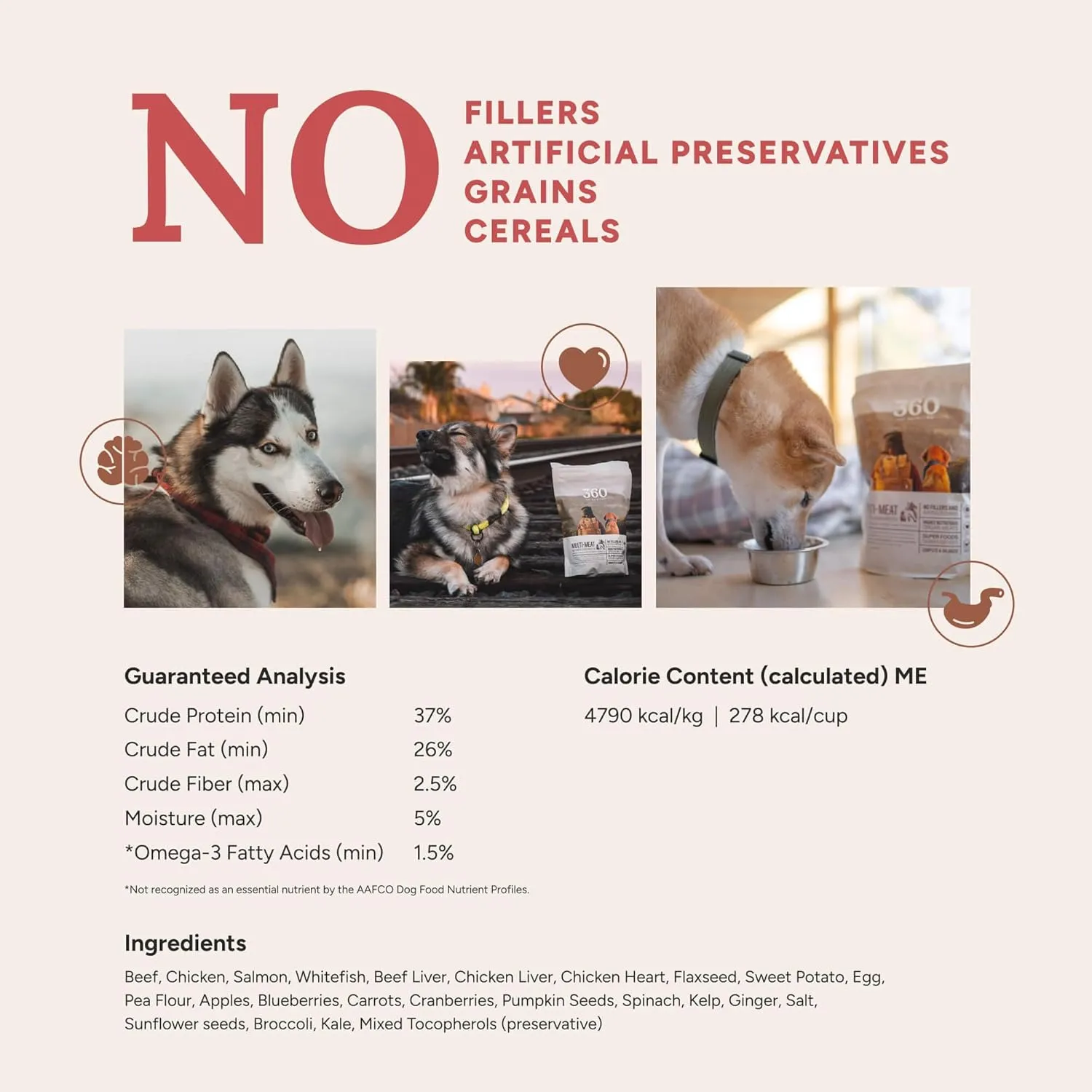 360 Pet Nutrition Freeze-Dried Raw Dog Food, High-Protein Complete Meal w/Beef, Chicken, Fish, Organs, Superfoods, No Fillers, 16 oz Bites/Kibble (Multi-Protein)  Made in USA