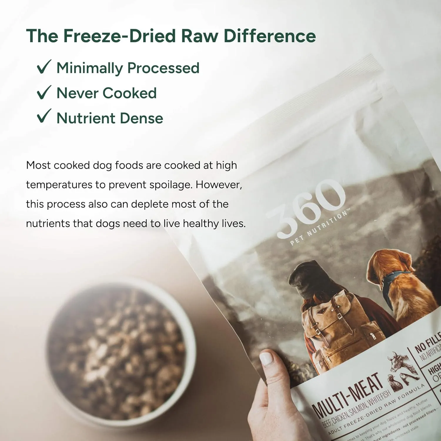 360 Pet Nutrition Freeze-Dried Raw Dog Food, High-Protein Complete Meal w/Beef, Chicken, Fish, Organs, Superfoods, No Fillers, 16 oz Bites/Kibble (Multi-Protein)  Made in USA