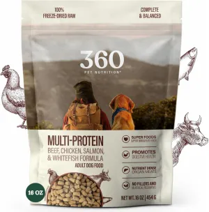 360 Pet Nutrition Freeze-Dried Raw Dog Food, High-Protein Complete Meal w/Beef, Chicken, Fish, Organs, Superfoods, No Fillers, 16 oz Bites/Kibble (Multi-Protein)  Made in USA