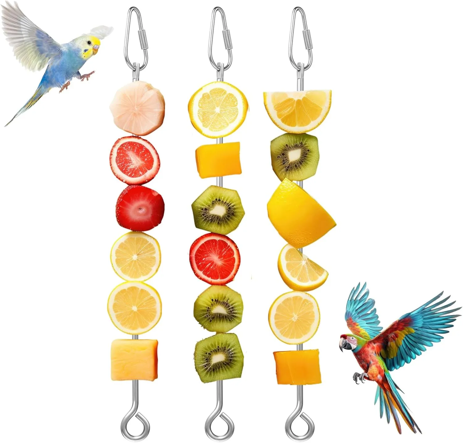 3pcs Bird Cage Food Holder Parrot Feeder Fruit Vegetable Stick Feeder Toy Parakeet Hanging Foods Holder Stainless Steel Birds Kabob Small Animal Food Birds Stand for Parakeet Budgie Cockatoo Macaw