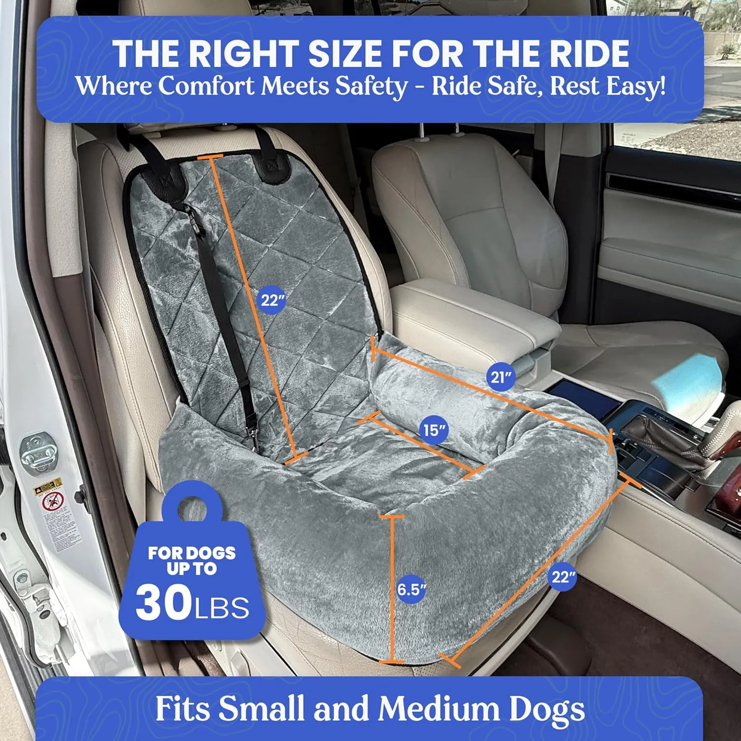 4Knines Dog Car Seat  Plush Travel Dog Bed for Cars, SUVs & Trucks  Soft, Supportive & Secure Ride for Small and Medium Dogs  Waterproof, Non-Slip, Easy to Install & Clean - Grey