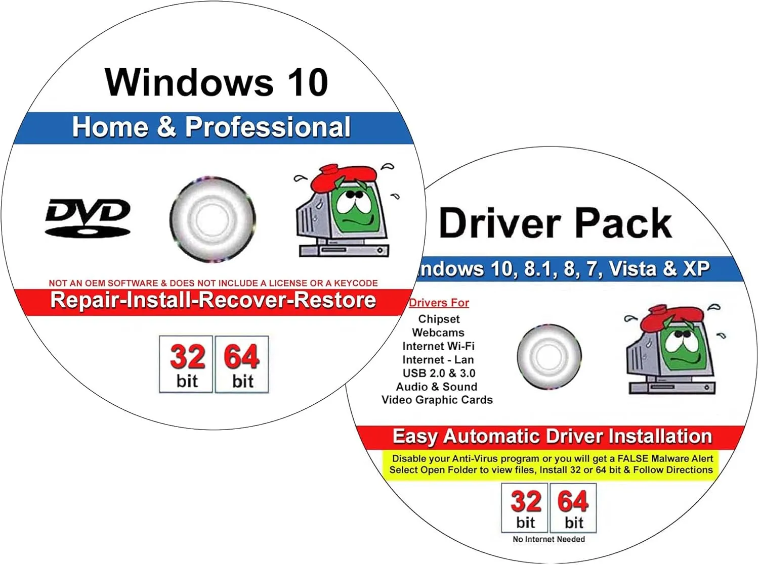 9th & Vine Compatible with/Replacement for Windows 10 Home and Professional 32/64 Bit Repair, Install, Recover & Restore DVD Plus Drivers Pack