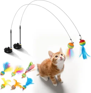Acantha Interactive Cat Toys Kit - 10 Pack Detachable Feather Toys with 2 Wands, 2 Suction Cups, 6 Replacement Feather Heads for Indoor & Outdoor Play