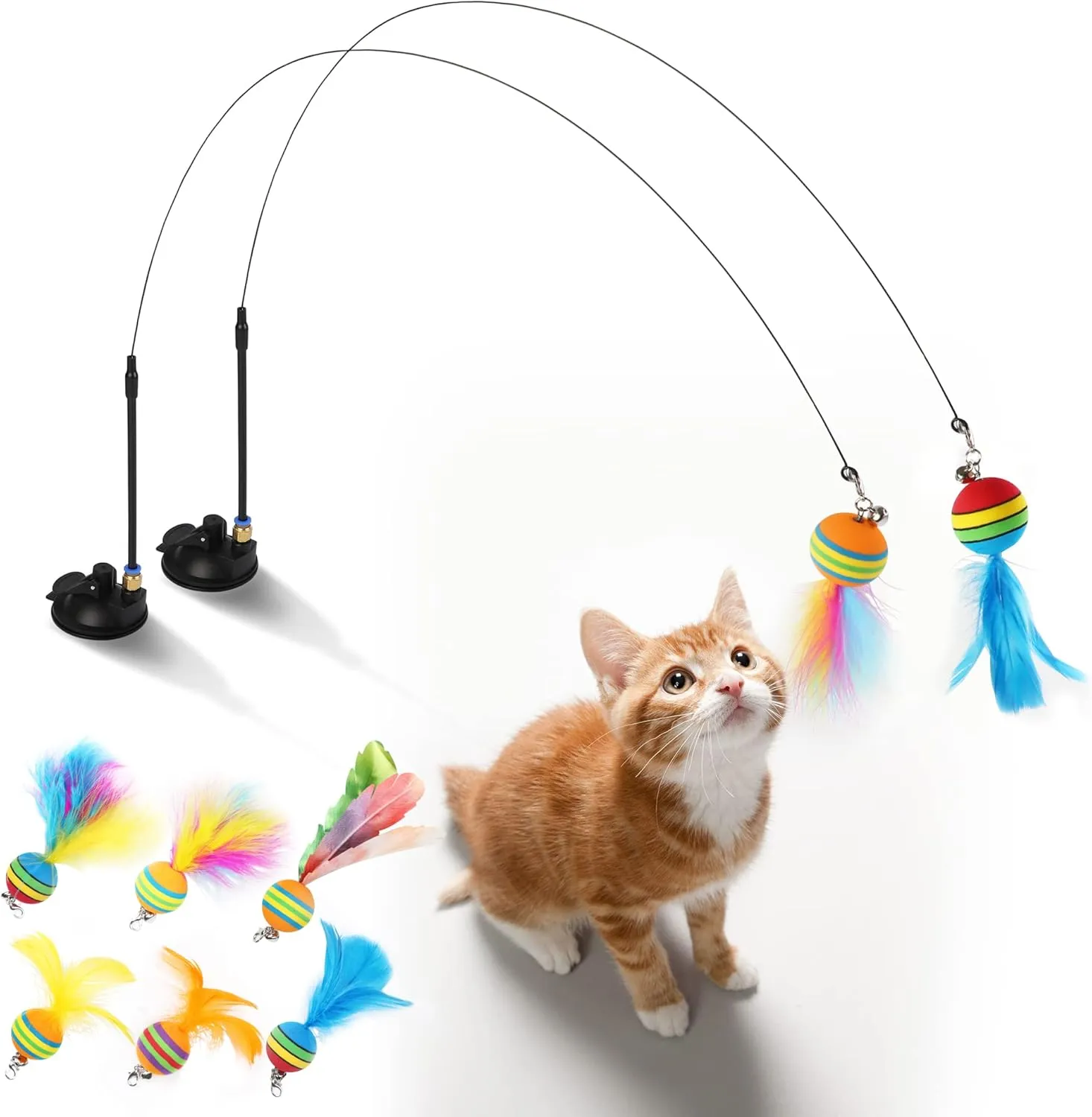 Acantha Interactive Cat Toys Kit - 10 Pack Detachable Feather Toys with 2 Wands, 2 Suction Cups, 6 Replacement Feather Heads for Indoor & Outdoor Play