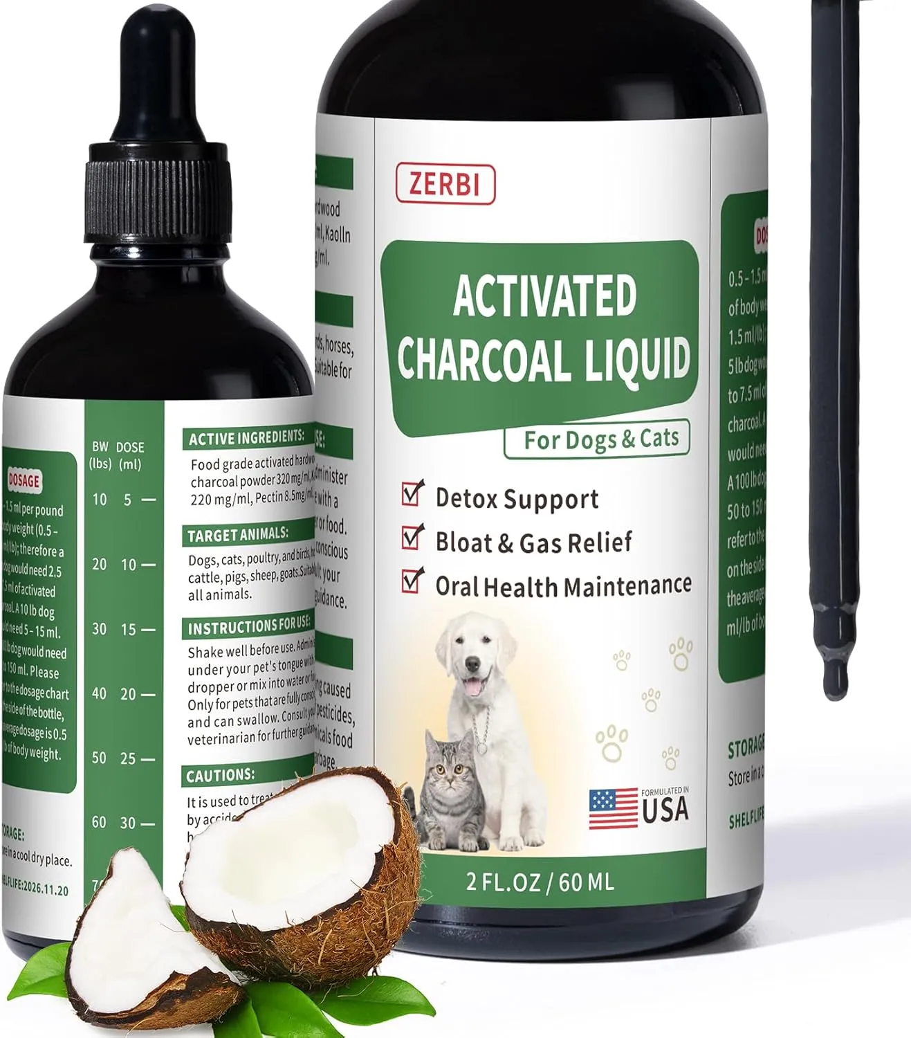 Activated Charcoal Liquid for Dogs  Dog First Aid Essential, Ready Rescue for Dogs  Detox, Diarrhea & Gas Relief, Non-GMO, 60ml