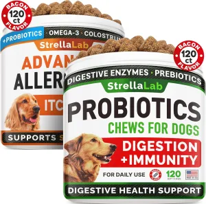 Advanced Allergy   Dog Probiotics Treats, Chews with Fish Oil Omega 3 & Probiotics - Itchy Skin Relief - Immune Supplement