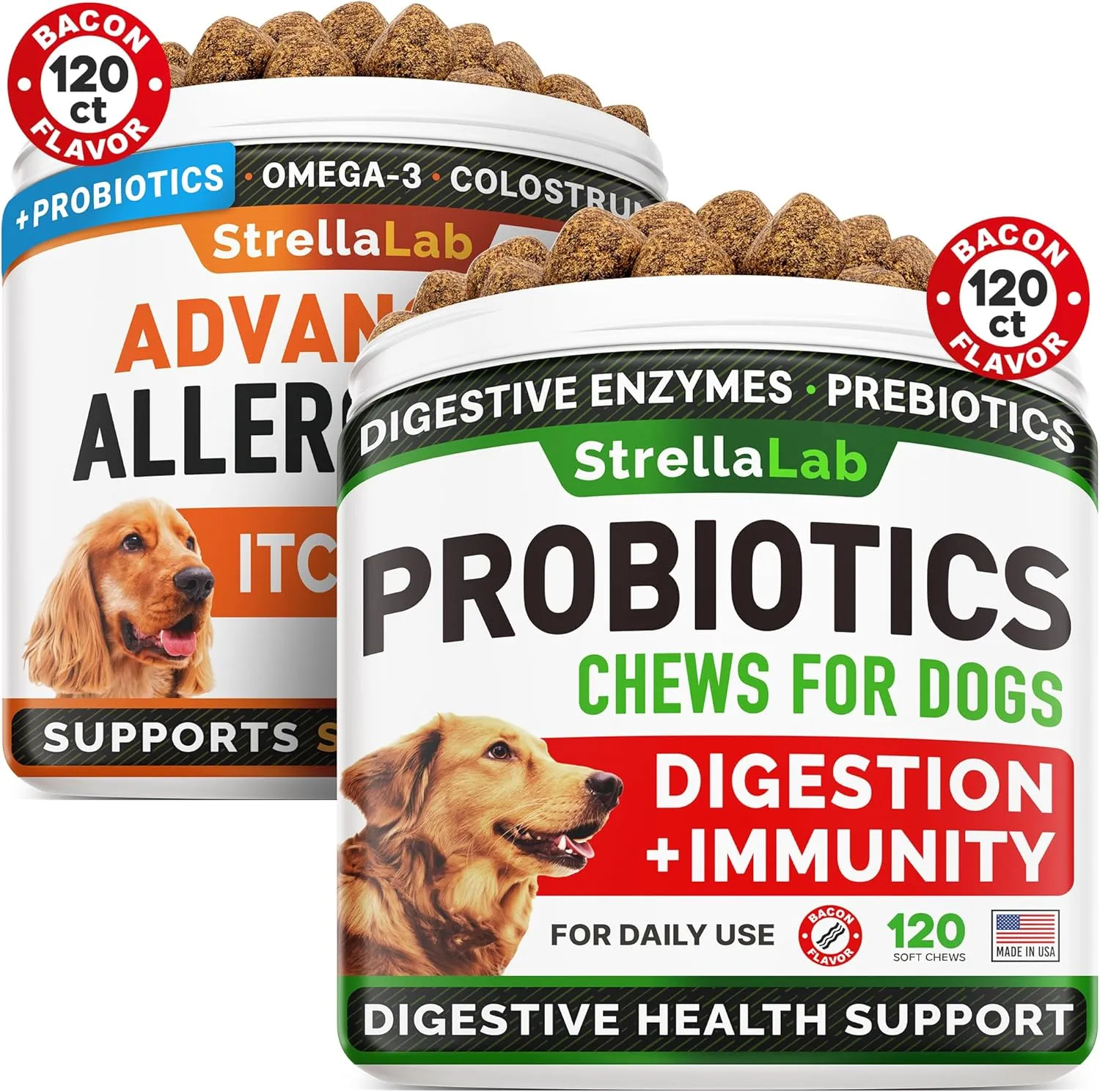 Advanced Allergy   Dog Probiotics Treats, Chews with Fish Oil Omega 3 & Probiotics - Itchy Skin Relief - Immune Supplement