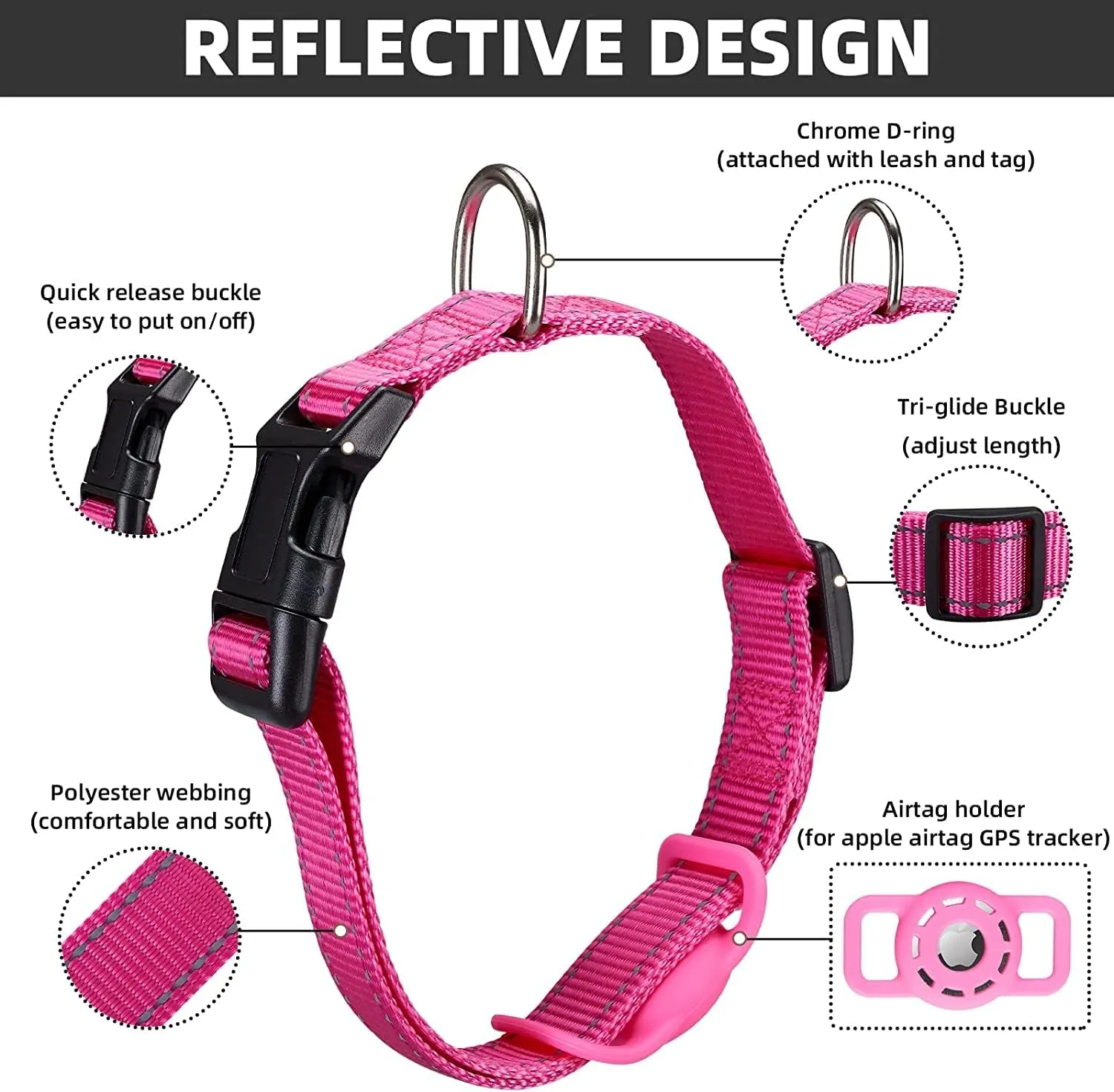 AirTag Cat Collar, Compatible with Apple Airtag, Nylon Pet Kitten Puppy Collar with Silicone Holder for Small Dogs, Pink,XS: 8''-12'' Neck