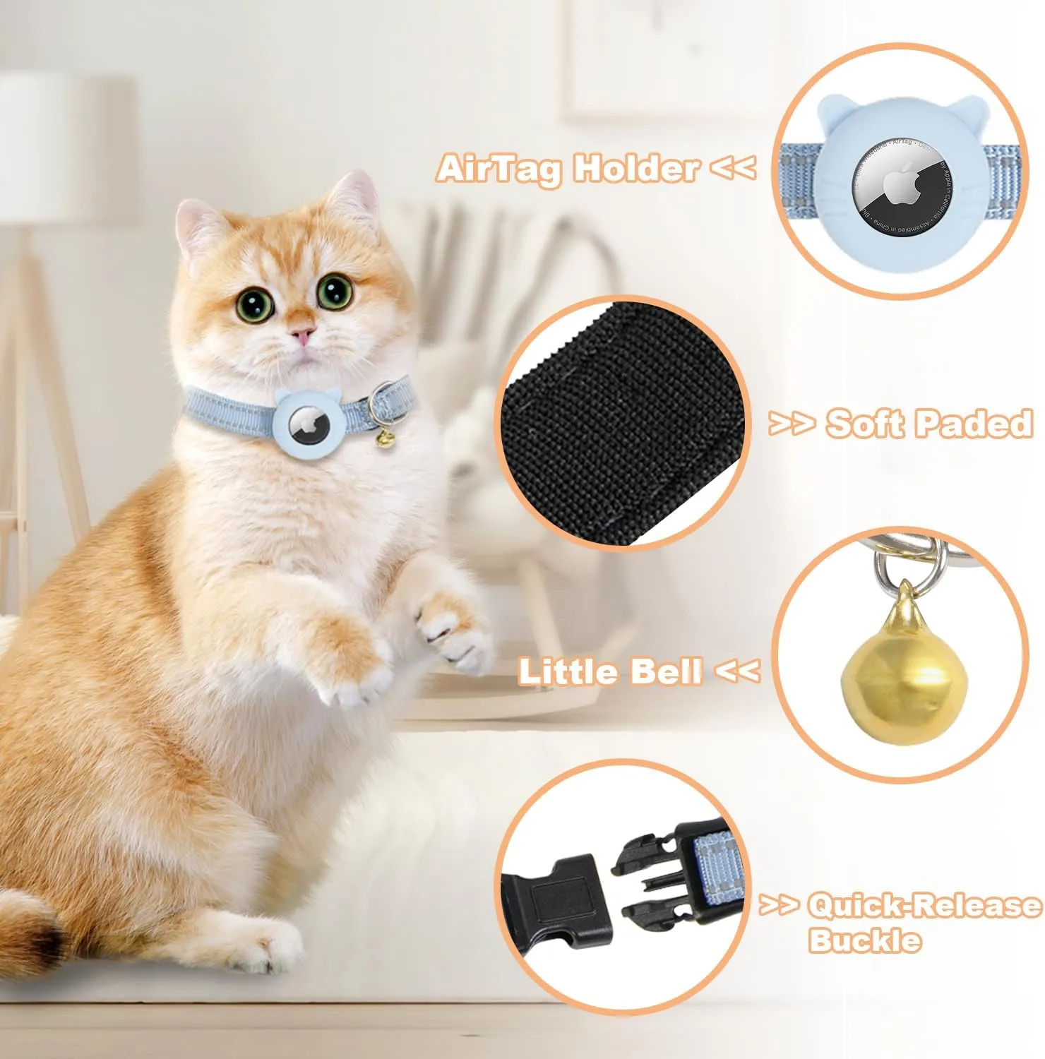 Airtag Cat Collar,Reflective Cat Tracker Collar with Air Tag Holder and Safety Elastic Band,Breakaway GPS Collars for Girl Boy Cats,Kittens and Puppies (Blue, Small)