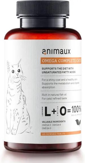 animaux - Omega Complete for Cats Fish Oil Tablets, Omega 3,6 & 9 Fatty acids to Support Metabolism, Bone Structure, Barf Supplement, Salmon Oil for Skin & Coat, 120 chewable Tablets, 120 Days Supply