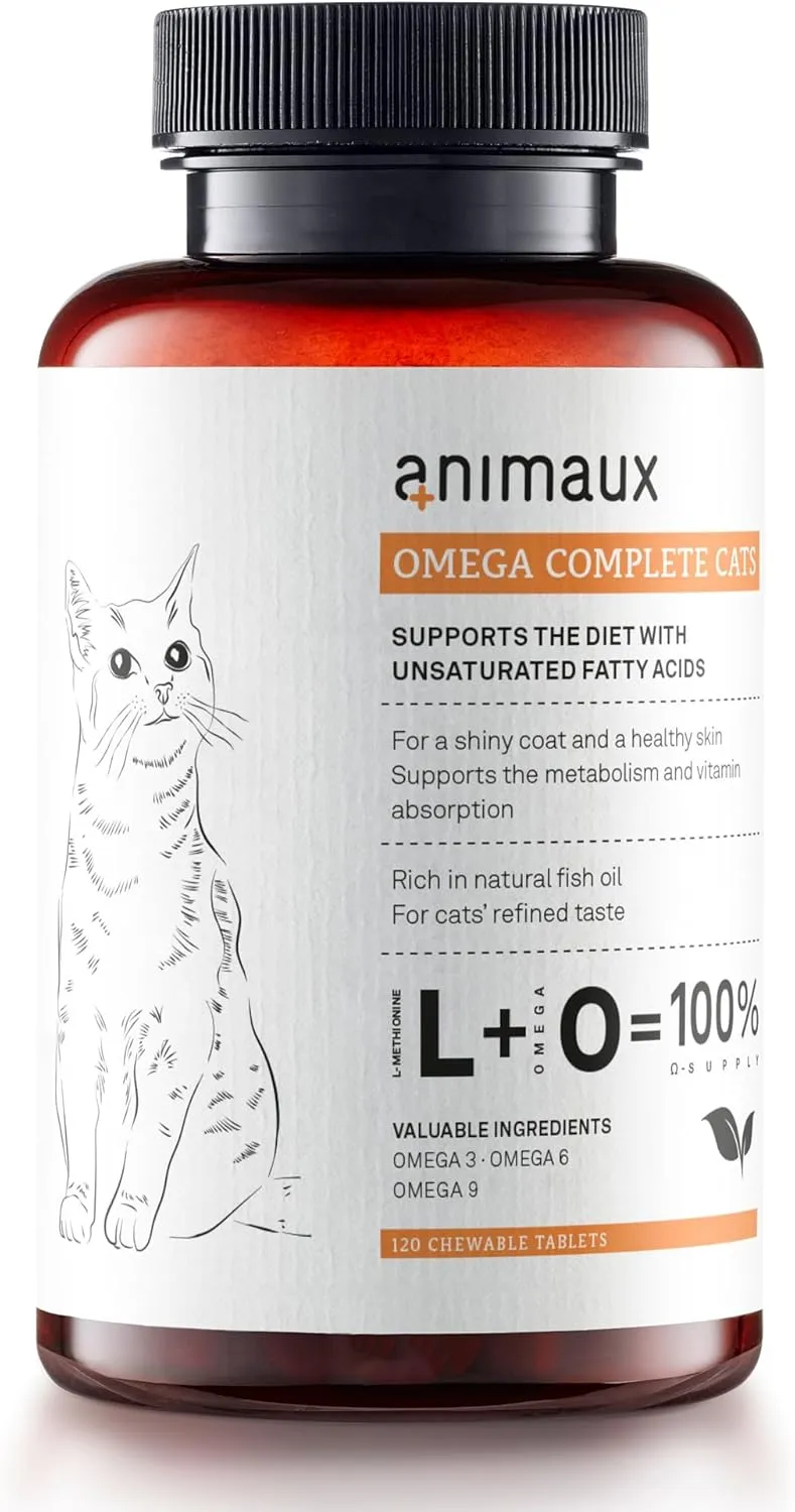 animaux - Omega Complete for Cats Fish Oil Tablets, Omega 3,6 & 9 Fatty acids to Support Metabolism, Bone Structure, Barf Supplement, Salmon Oil for Skin & Coat, 120 chewable Tablets, 120 Days Supply