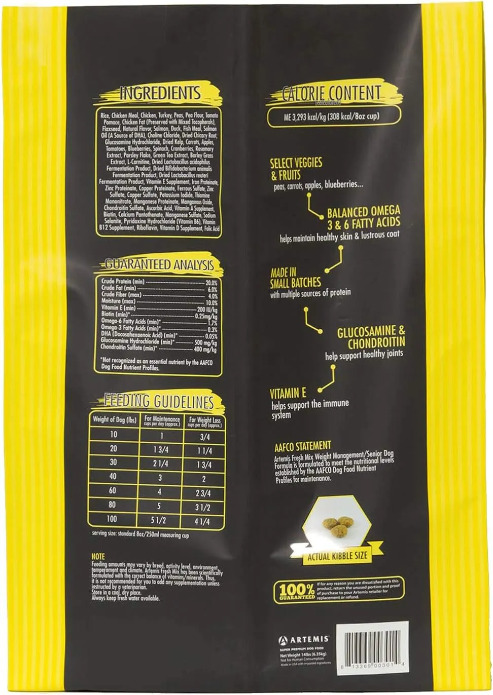 ARTEMIS Fresh Mix Dry Dog Food  Perfect Weight Management Formula Senior Premium Meat Recipe Health Nutrition Omega 3 6 Protein 4lb Bag