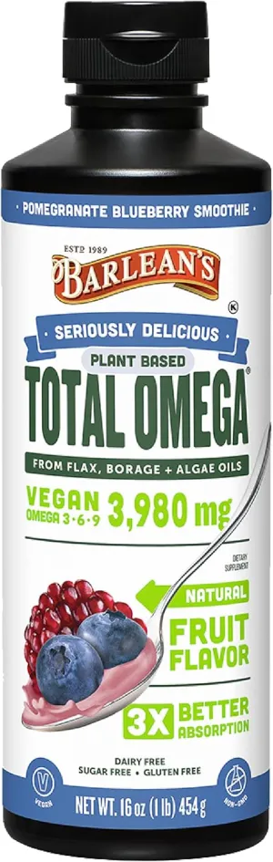 Barlean's Liquid Flaxseed, Borage and Algae Oils Omega 3 Supplement, Pomegranate Blueberry Flavor, Vegan EPA and DHA, Flax and Borage Seed Oil with 3,980 mg of Omega-3-6-9, 16 oz