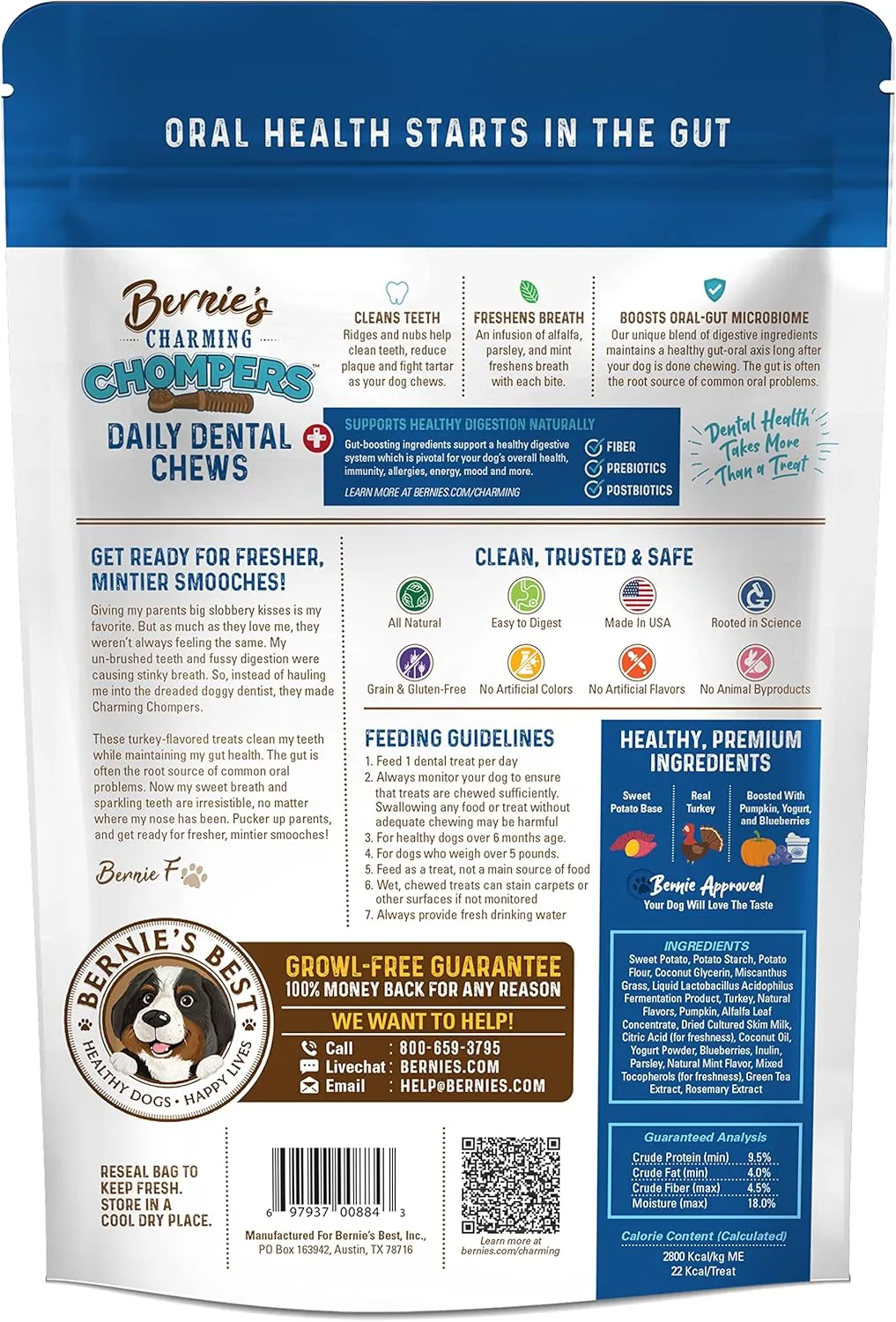 Bernie's Charming Chompers - Daily Dental Chews for Dogs 5-15 Lbs. - 22 Count - Cleans Teeth, Freshens Breath,   Boosts Oral-Gut Microbiome. Easy to Digest, Supports Healthy Digestion Naturally