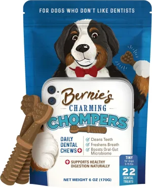 Bernie's Charming Chompers - Daily Dental Chews for Dogs 5-15 Lbs. - 22 Count - Cleans Teeth, Freshens Breath,   Boosts Oral-Gut Microbiome. Easy to Digest, Supports Healthy Digestion Naturally
