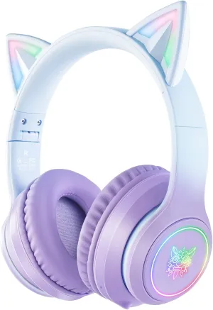 Bluetooth Cat Ear Headphones for Kids & Adults, Wireless & Wired Mode Foldable Headset with Mic - Clear Sound Quality - RGB LED Light, for Girls School Gaming, for Phone/Laptop/PC/Tablet, Purple