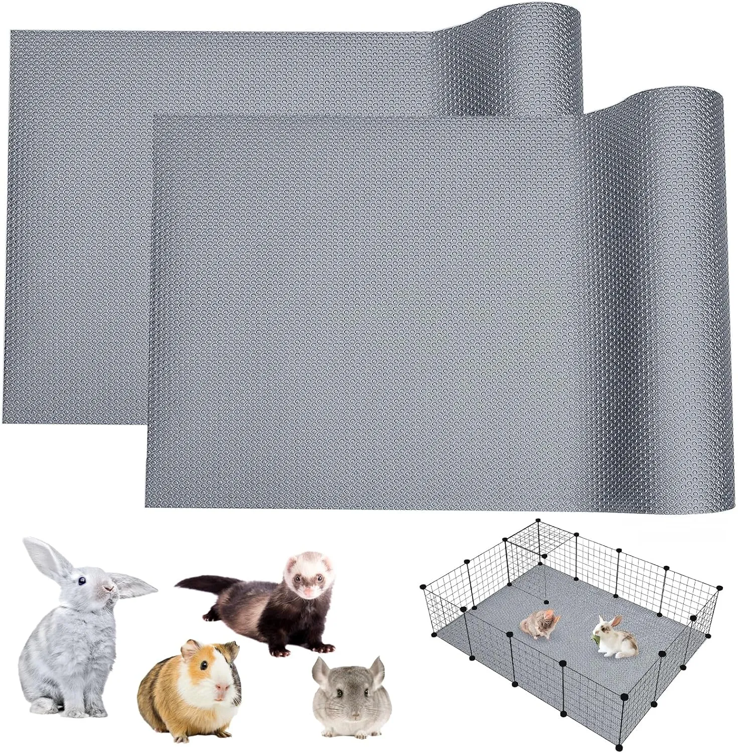 BNOSDM 2 Pcs Rabbit Cage Liner Waterproof Guinea Pig Cage Liner, Washable Small Animals Mats Reusable Floor Protect Pad Playpen Mats for Rabbit Dog Chinchilla Guinea Pig Ferret, 118x18Inch, Grey