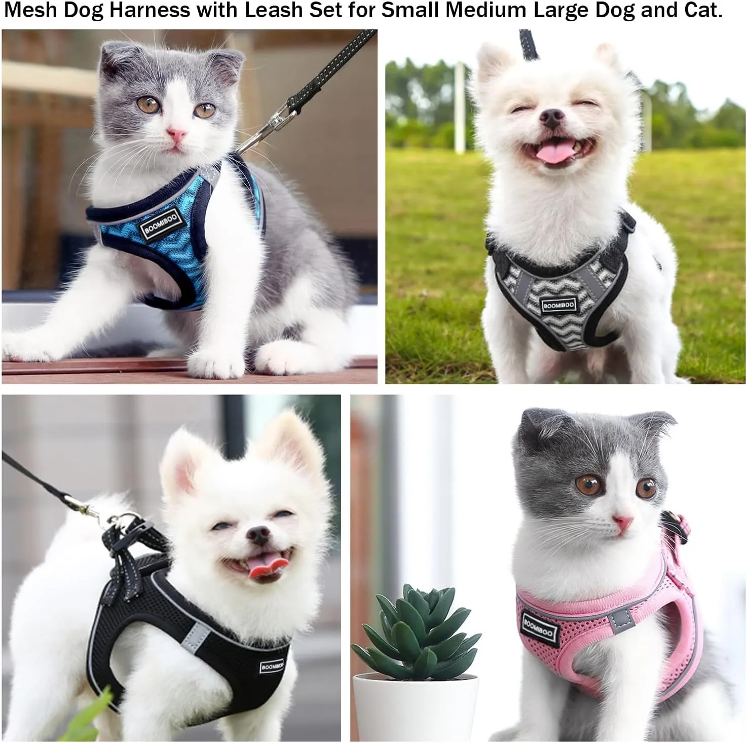 BOOMIBOO Dog Harness with Leash Set, No Pull Adjustable Reflective Step-in Puppy Pet Vest Harnesses for Small Medium Large Dogs and Cats,Pink XS