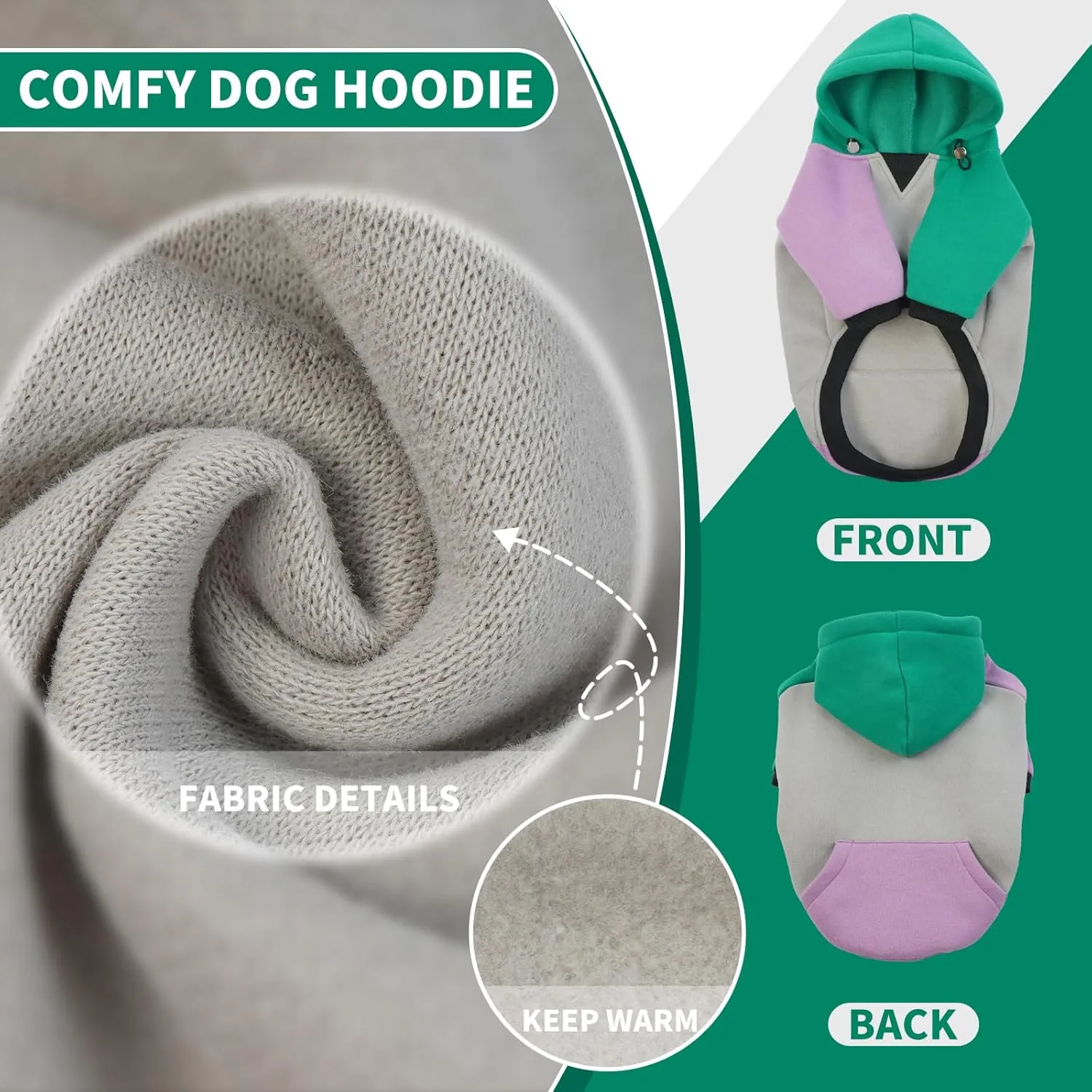 BRKURLEG Dog Hoodie - Warm Winter Coat with Calming Fleece Interior, Pocket and Hat for Small Medium Dogs (Green/Purple, S)