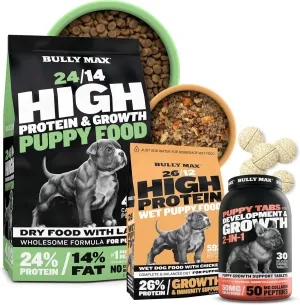 Bully Max Complete Puppy Nutrition Bundle - Dry Puppy Food (5lb Bag), Dehydrated Wet Dog Food (2lb Bag) & Chewable Vitamin (30 Tabs) for Small & Large Breed Puppies - for Growth, Health & Immunity
