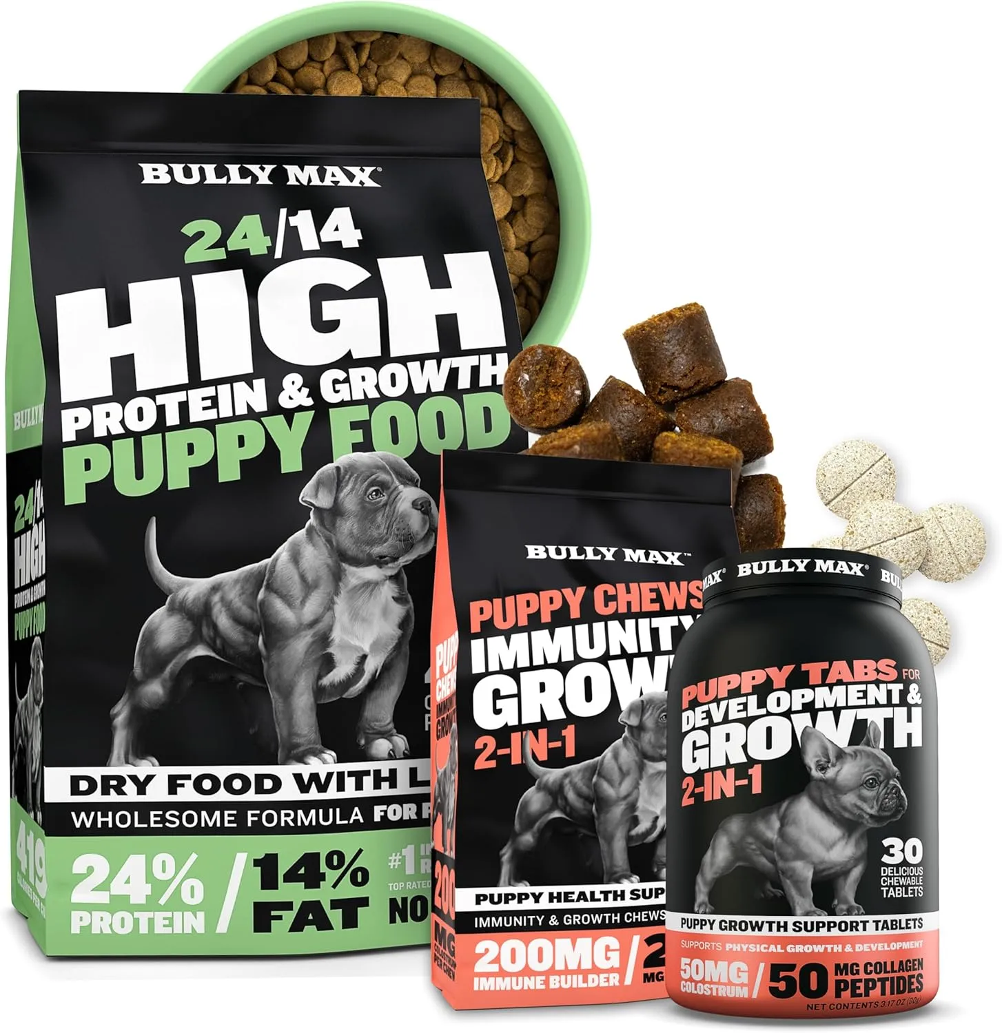 Bully Max High Protein Puppy Food (5lbs.) 2-in-1 Puppy Chews & Vitamin Tablets (30 tabs) Bundle  for Immune Health, Muscle Growth, Digestive Support & Overall Wellness in Small & Large Breed Puppies