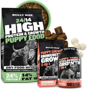 Bully Max High Protein Puppy Food (5lbs.) 2-in-1 Puppy Chews & Vitamin Tablets (30 tabs) Bundle  for Immune Health, Muscle Growth, Digestive Support & Overall Wellness in Small & Large Breed Puppies