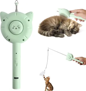 Cat Brush Toy5-in-1 Interactive Cat Toys Retractable Cat-Teasing WandPet Grooming Self Cleaning Brush Light Up Cat Toy with Five Light Patterns