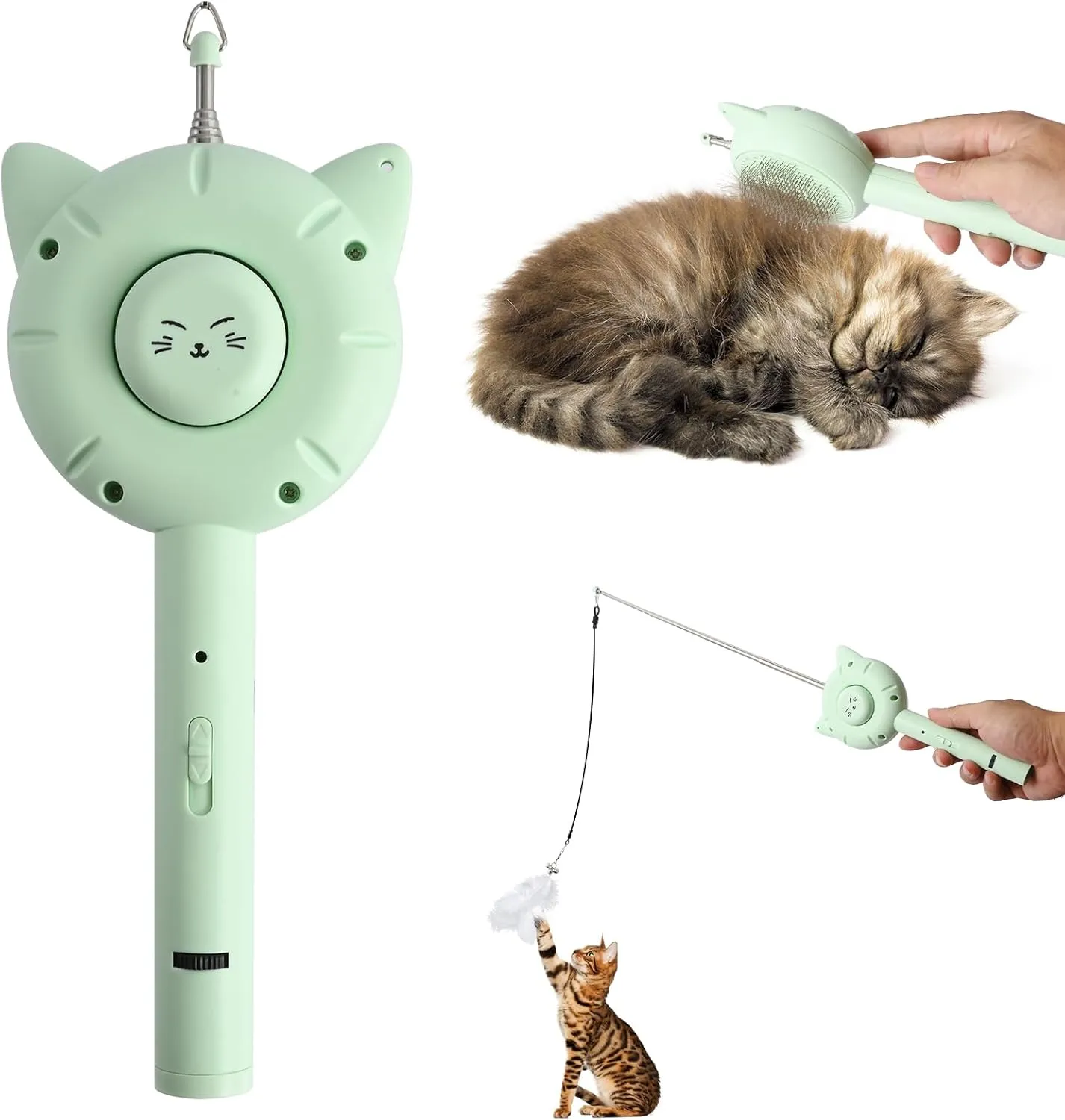 Cat Brush Toy5-in-1 Interactive Cat Toys Retractable Cat-Teasing WandPet Grooming Self Cleaning Brush Light Up Cat Toy with Five Light Patterns
