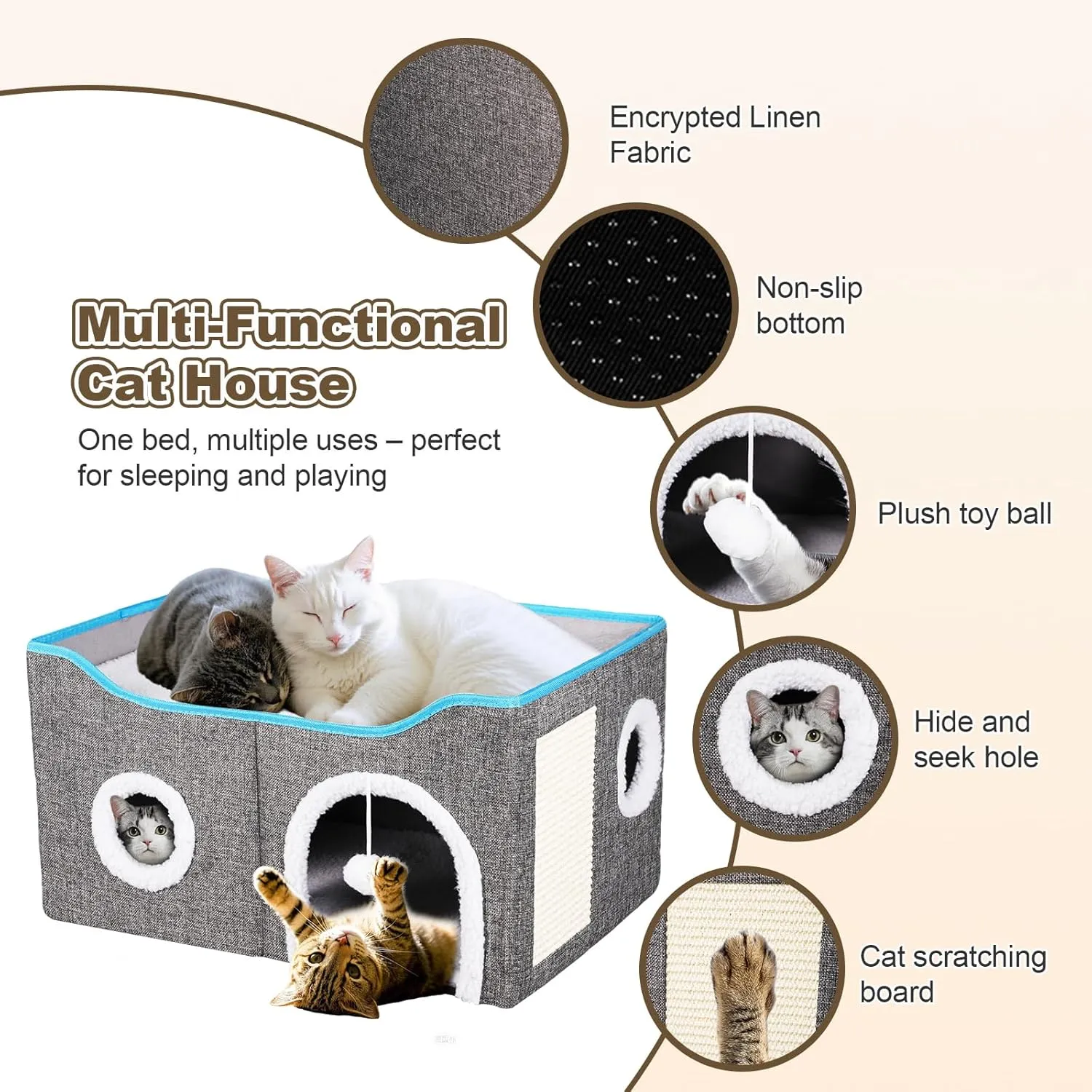 Cat House for Indoor Cats  Foldable Cat Bed Cave with Scratch Pad, Fluffy Ball, and Cat Hole  Durable & No Sagging Cat Condo, Cat Hideaway for Multiple Kittens