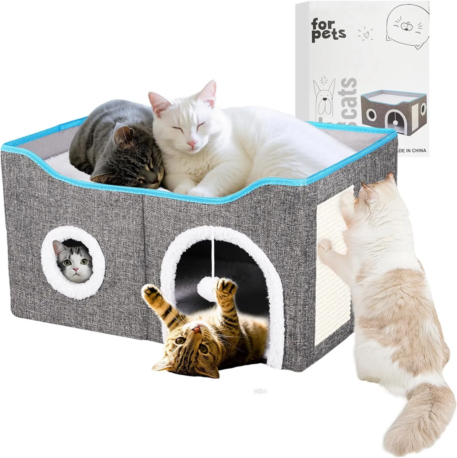 Cat House for Indoor Cats  Foldable Cat Bed Cave with Scratch Pad, Fluffy Ball, and Cat Hole  Durable & No Sagging Cat Condo, Cat Hideaway for Multiple Kittens