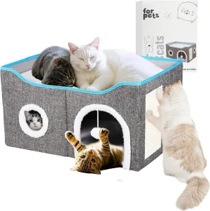 Cat House for Indoor Cats  Foldable Cat Bed Cave with Scratch Pad, Fluffy Ball, and Cat Hole  Durable & No Sagging Cat Condo, Cat Hideaway for Multiple Kittens