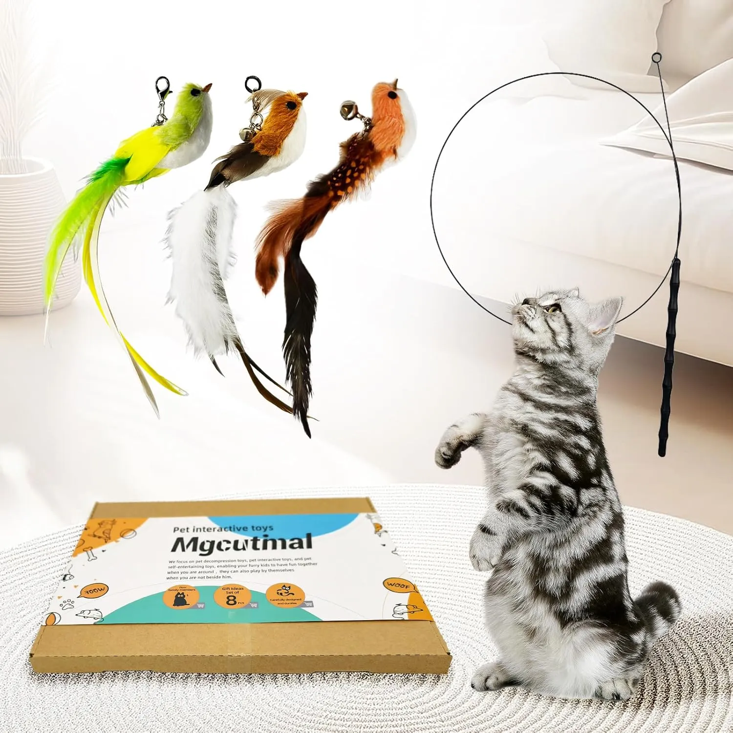 Cat Toy Wand Interactive Toys for Indoor Cat, Wire Version, Natural Bird Feather Ball Toys, 4-in-1 Refill Pet Dancing Playing Toy, cat Luresfor Indoor Cats (4 in 1, Forest Birds)