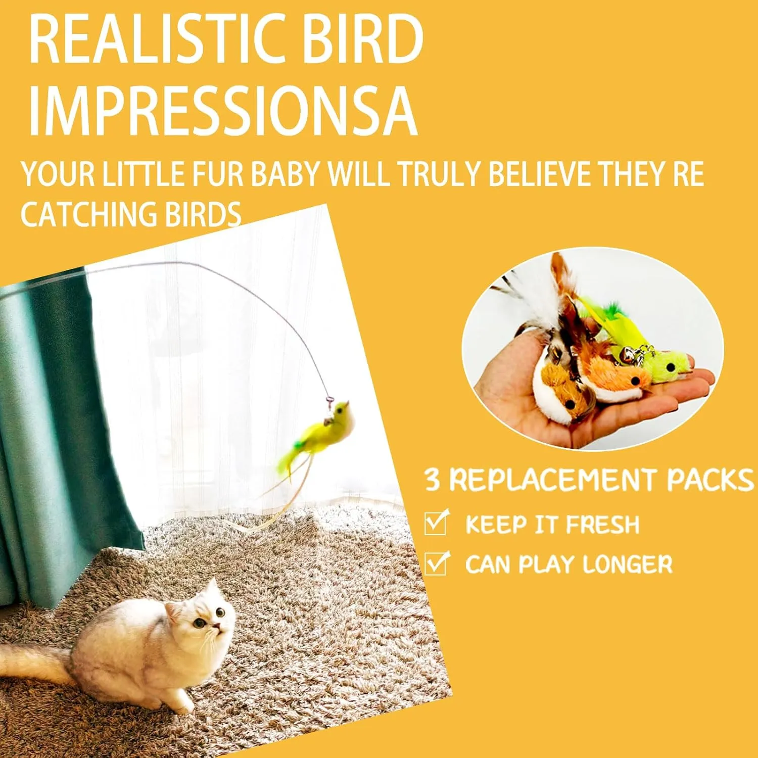 Cat Toy Wand Interactive Toys for Indoor Cat, Wire Version, Natural Bird Feather Ball Toys, 4-in-1 Refill Pet Dancing Playing Toy, cat Luresfor Indoor Cats (4 in 1, Forest Birds)