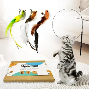 Cat Toy Wand Interactive Toys for Indoor Cat, Wire Version, Natural Bird Feather Ball Toys, 4-in-1 Refill Pet Dancing Playing Toy, cat Luresfor Indoor Cats (4 in 1, Forest Birds)