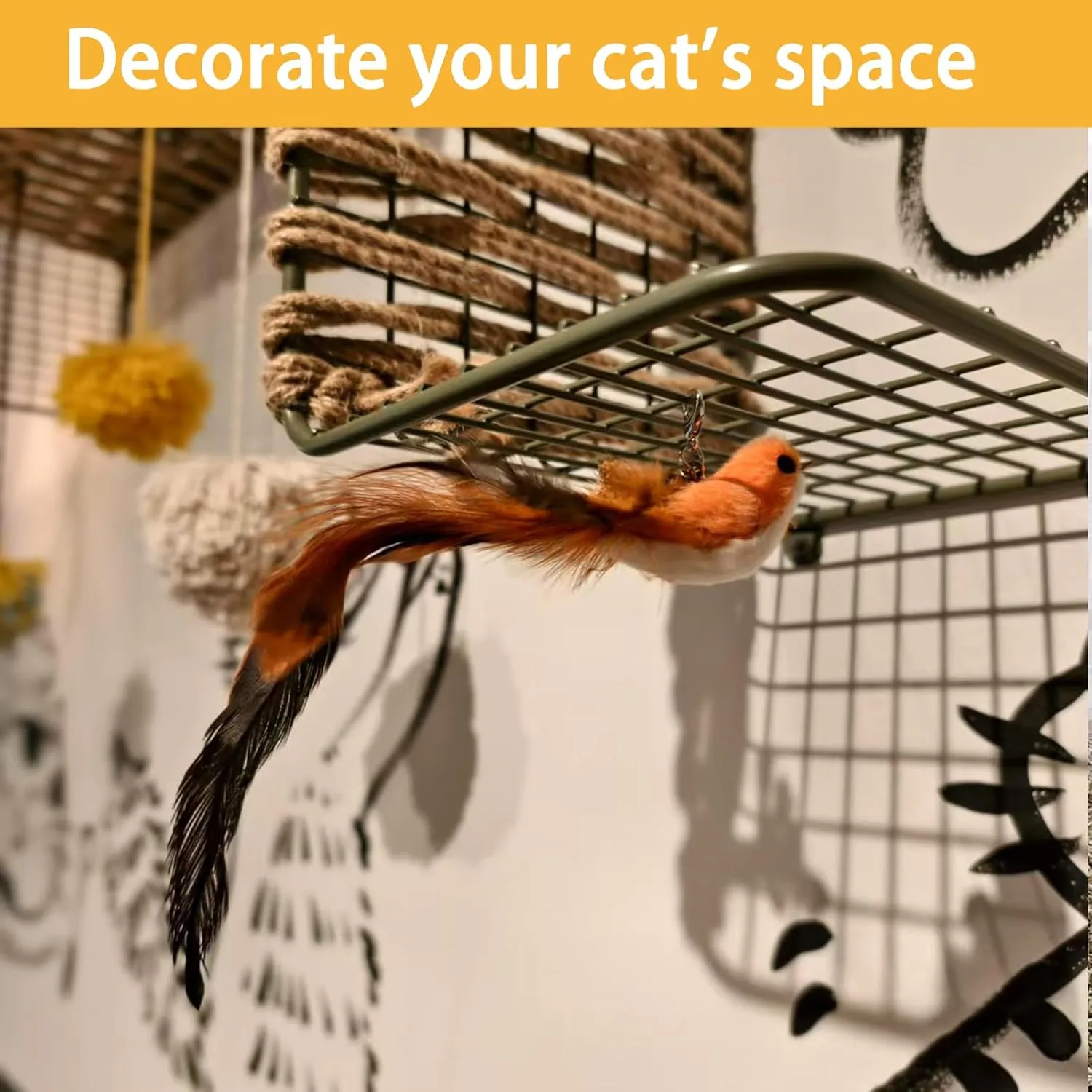 Cat Toy Wand Interactive Toys for Indoor Cat, Wire Version, Natural Bird Feather Ball Toys, 4-in-1 Refill Pet Dancing Playing Toy, cat Luresfor Indoor Cats (4 in 1, Forest Birds)