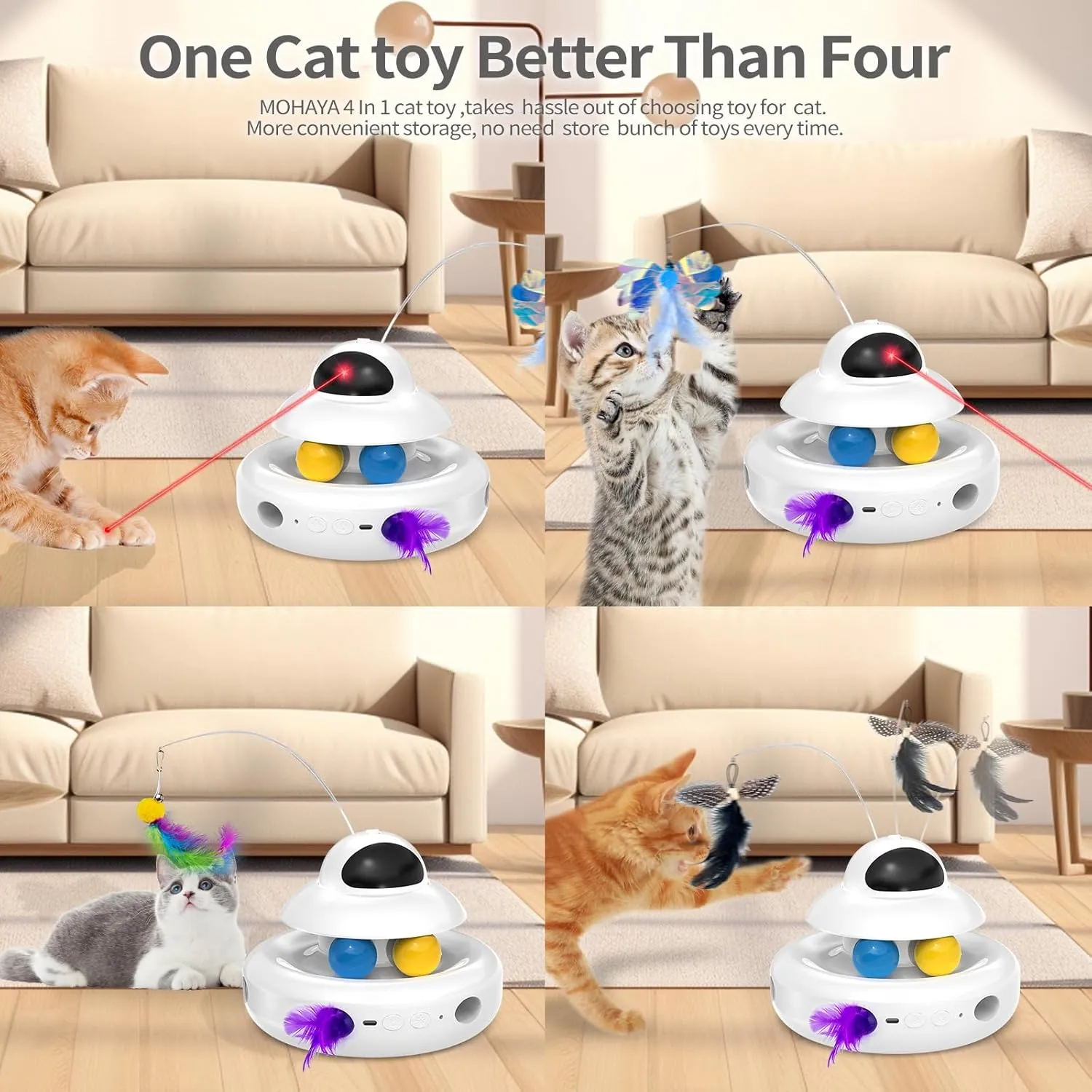 Cat Toy,Interactive 4-in-1 Automatic Cat Toys for Indoor Cats,Electronic Whack a Mole, Fluttering Butterfly,Track Balls Kitten Toy,Feather Toys for All Breeds