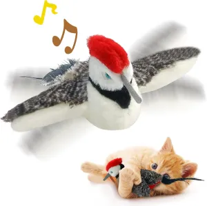 Cat Toys, Flapping Wings Woodpecker, No Flying, Chirping Bird Interactive Catnip Toy for Kitten or Small Dogs, Touch Activated, Rechargeable, 3 Modes