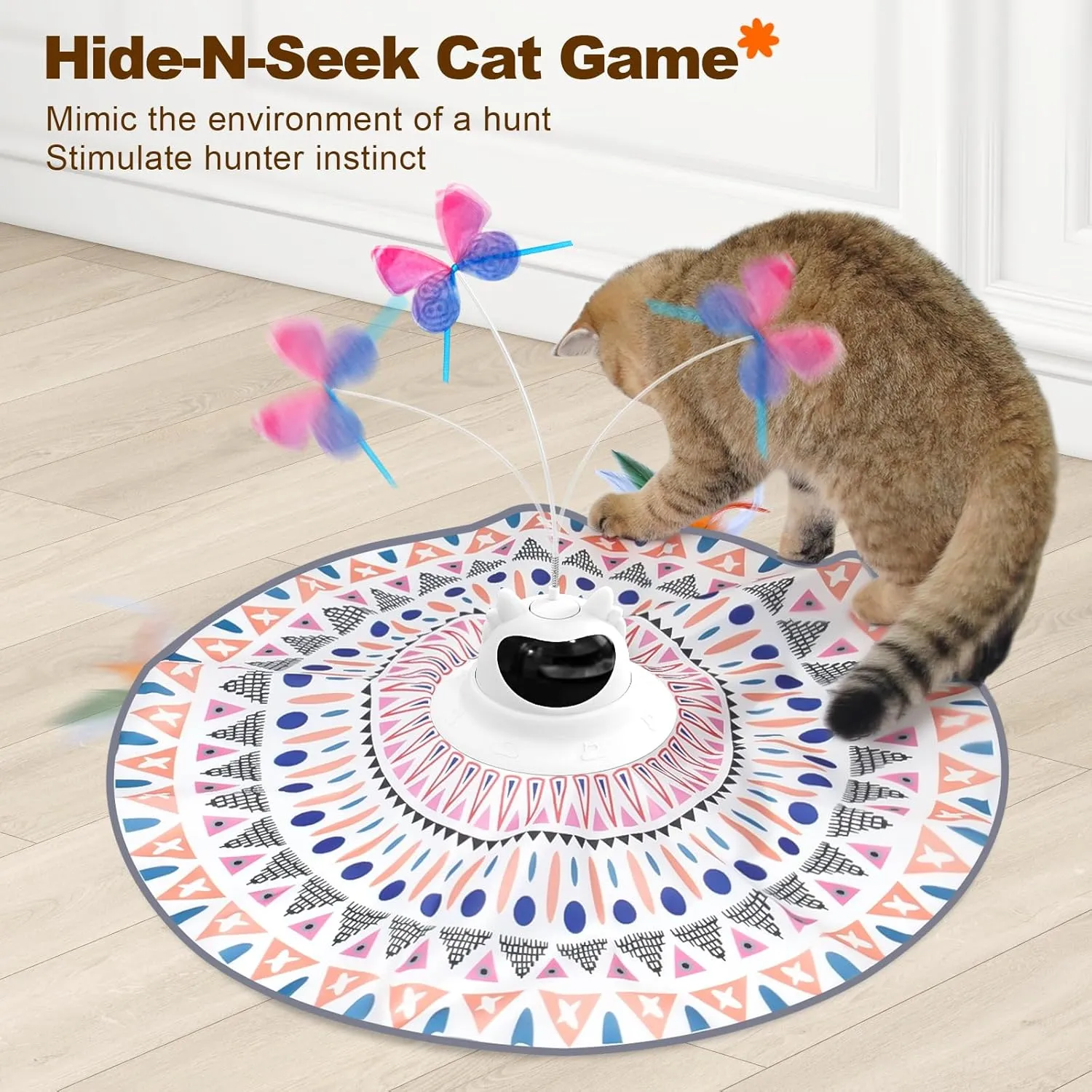 Cat Toys Interactive 2-in-1 Rechargeable Unpredicatable Moving Feather Cat Wand Teaser Hide and Seek, Spinning Butterfly, Kitten Toys for Indoor Cats Exercise