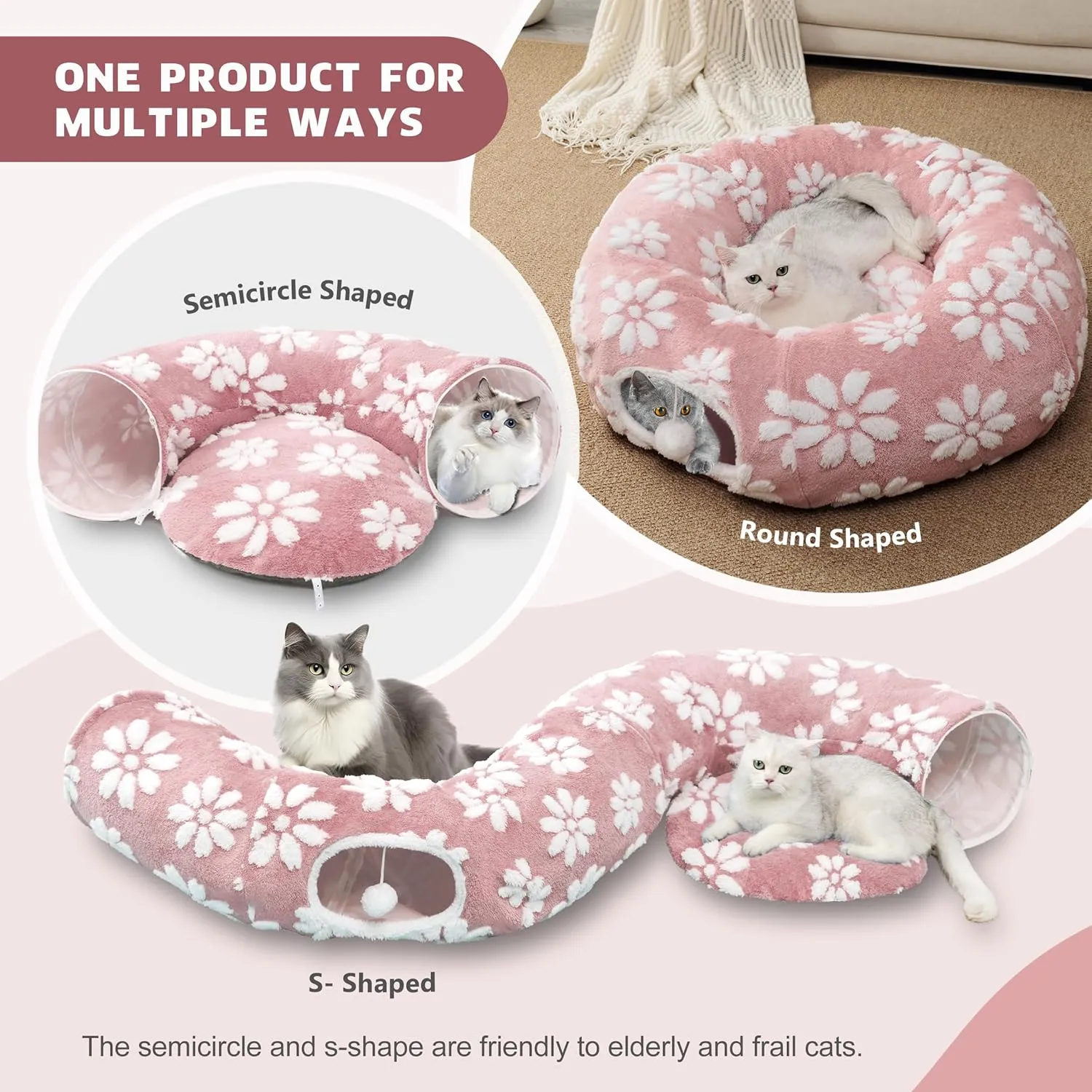 Cat Tunnel for Indoor Cats, Cute Peekaboo Cat Cave with Dangling Balls, Pet Donut Tunnel Bed with Circle Mat for Puppy Kitten Rabbit, Pink