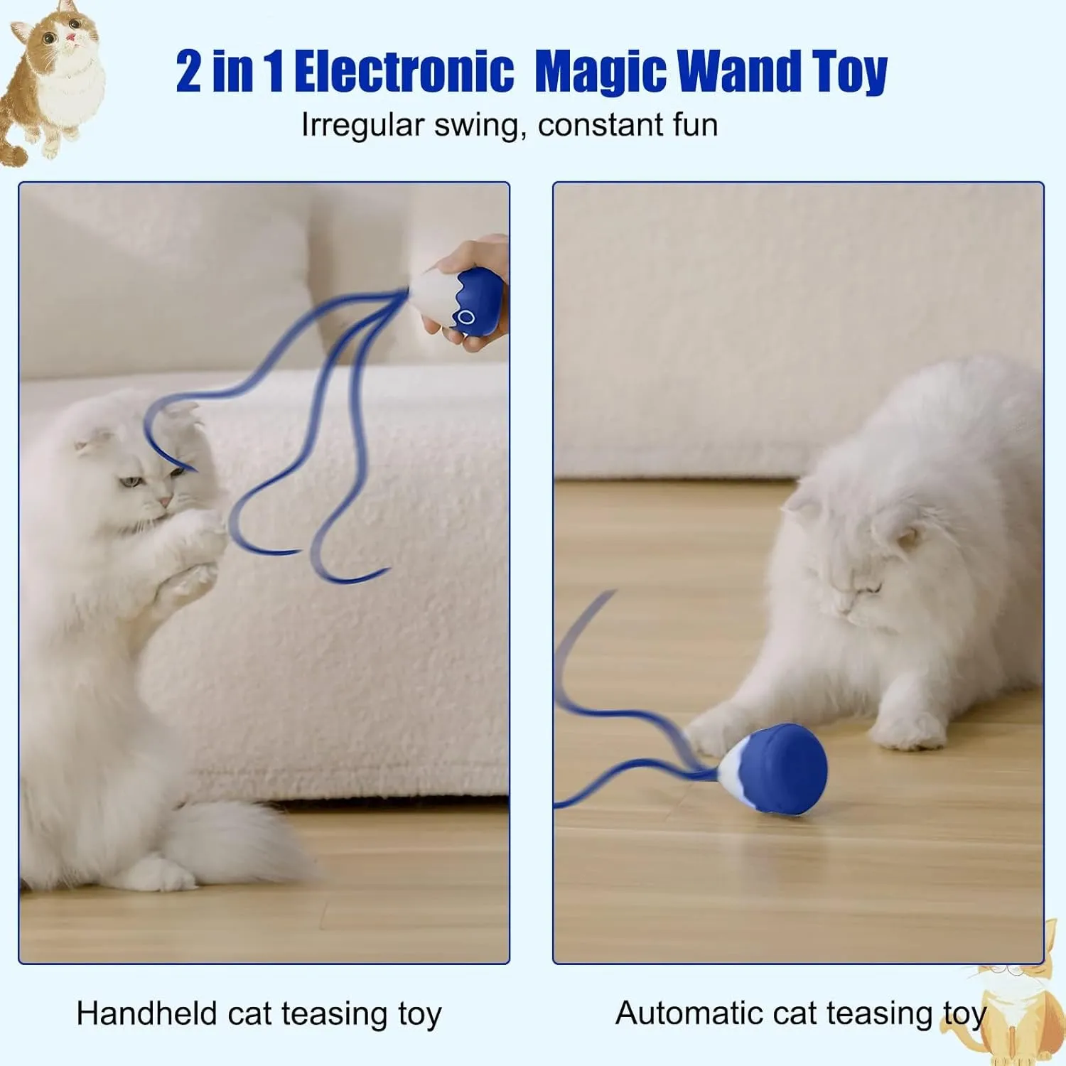 Cat Wand Toy, Automatic Silicone Tail Teaser Toy 2 in 1, Electronic Interactive Toy for Indoor Cats, Rechargeable Exercise Toy for Kitten-Navyblue