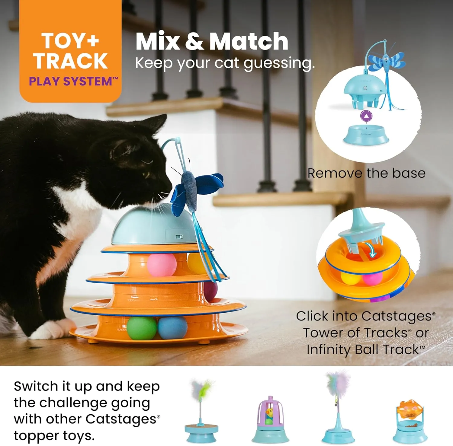 Catstages 2-in-1 Flutter Dome Electronic Cat Toy  Plush Motion Toy for Indoor Cats, Ball Track Add-On, Blue