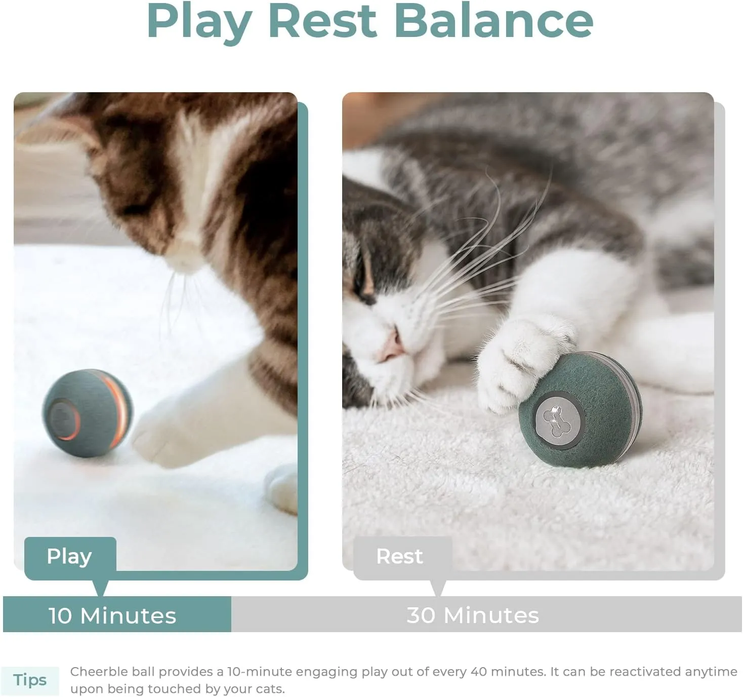 Cheerble Interactive Cat Ball Toy, Automatic Moving Ball Puzzle Toy for Indoor Cat Kitten, Smart Anti-Depression Pet Toy Fun Gift with Light (Green)